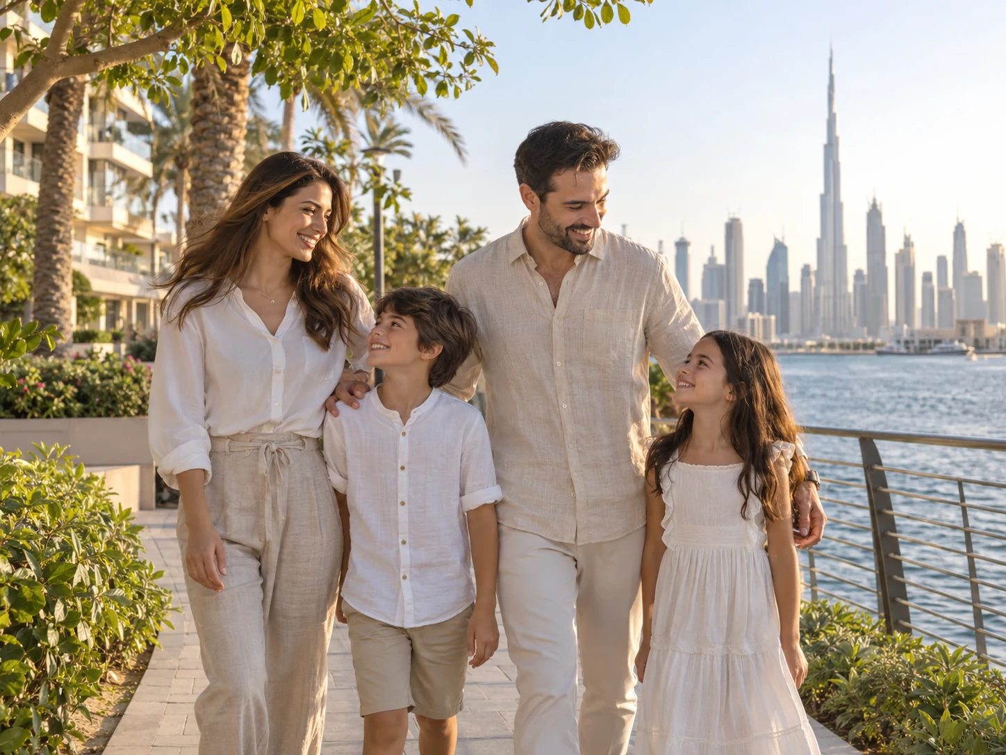 A family enjoying time together beside the Dubai waterfront