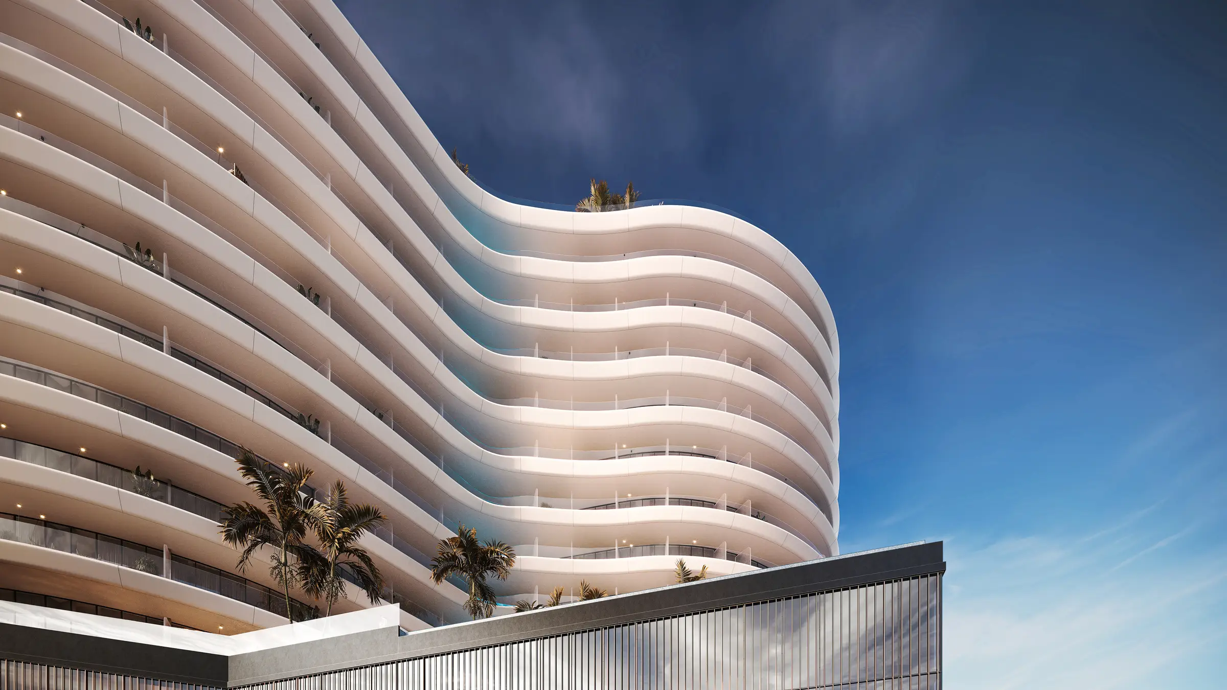 Curved residential facade shown in the MIRA DEVELOPMENTS "Trussardi Residences Phase 1" catalogue, Al Furjan, Dubai