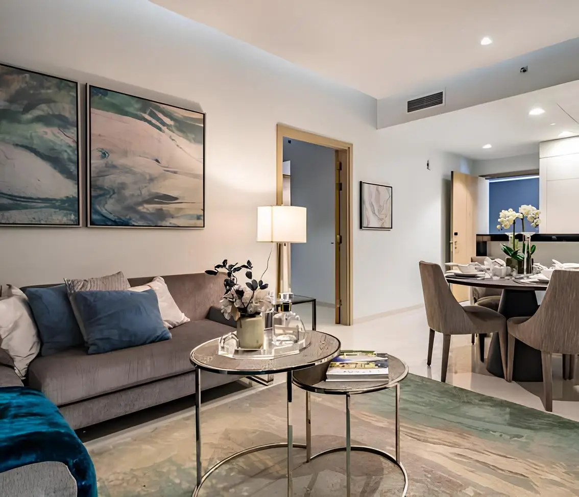 Living and dining room shown in the DAMAC "Aykon City Tower B" catalogue, Business Bay, Dubai