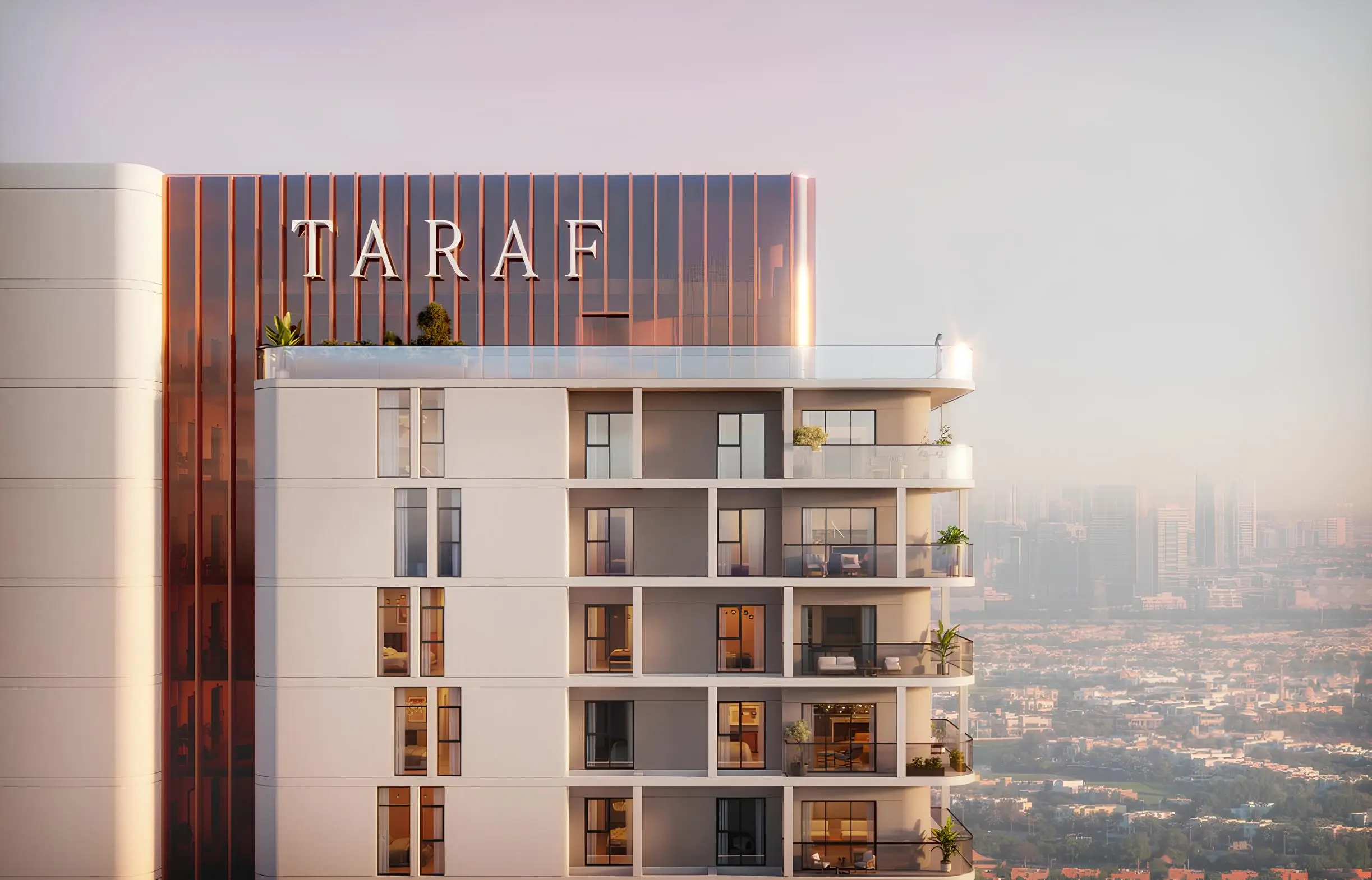 Residential tower exterior at dusk shown in the TARAF "Cello" catalogue, Dubai