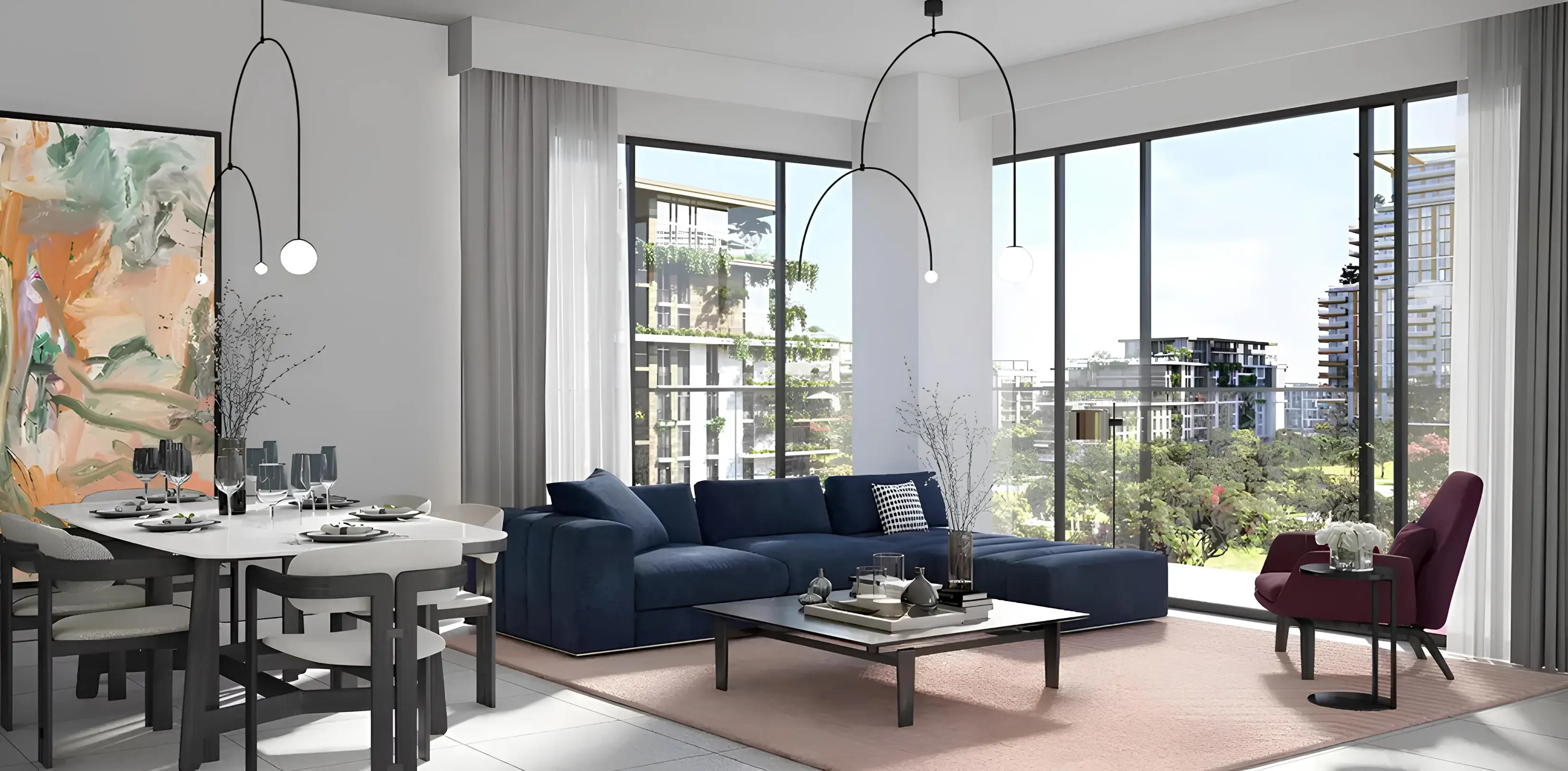 Living room connected to a balcony shown in the MERAAS "Viridian" catalogue, Dubai