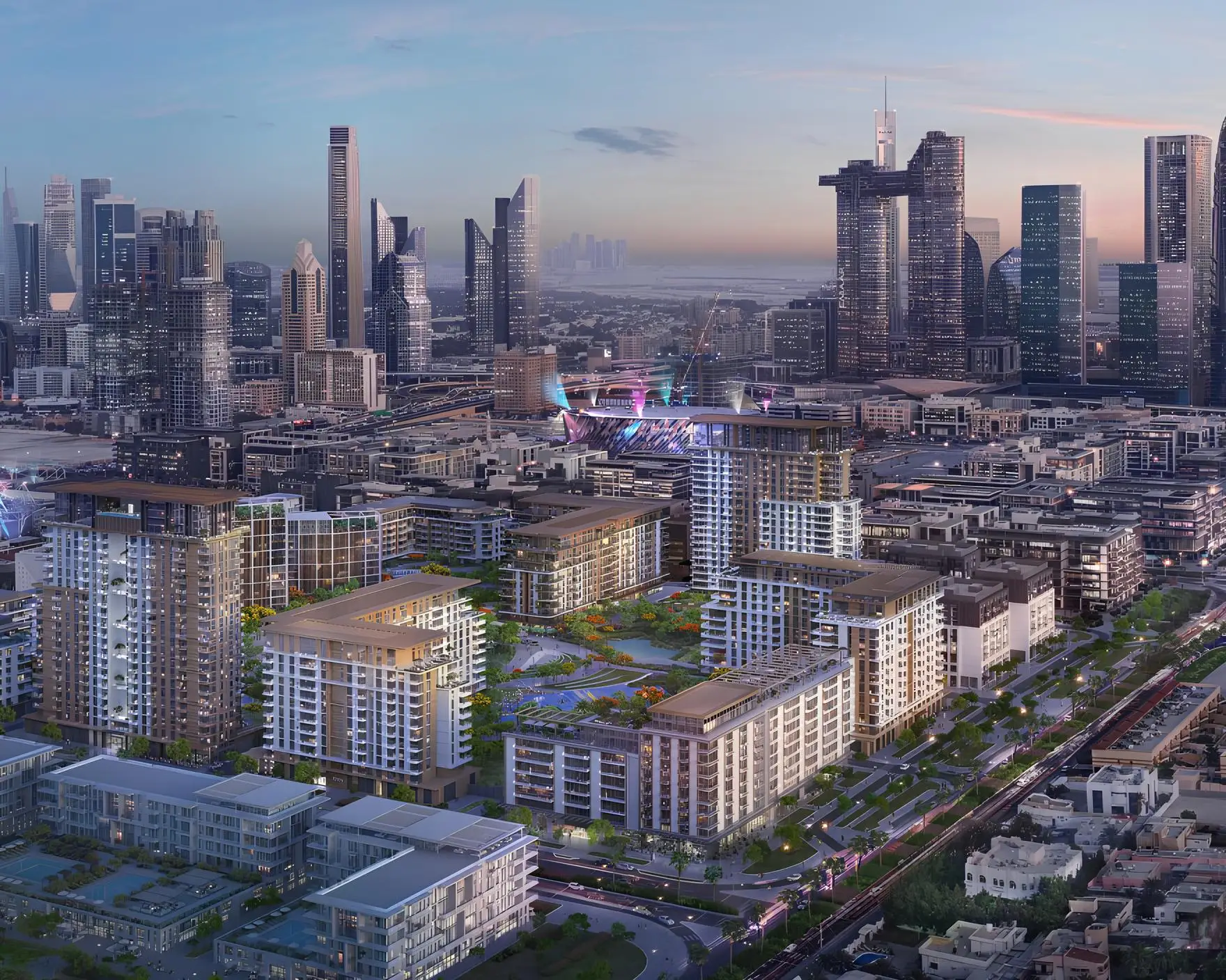 Aerial illustration of a residential precinct and green space shown in the MERAAZ "Fern" catalogue, Dubai