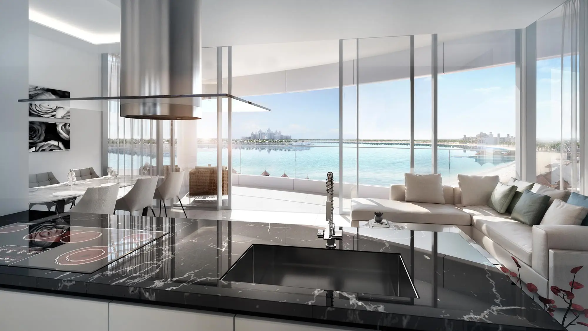 Kitchen overlooking the water shown in the AZIZI "Azizi Mina" project catalogue, Palm Jumeirah, Dubai