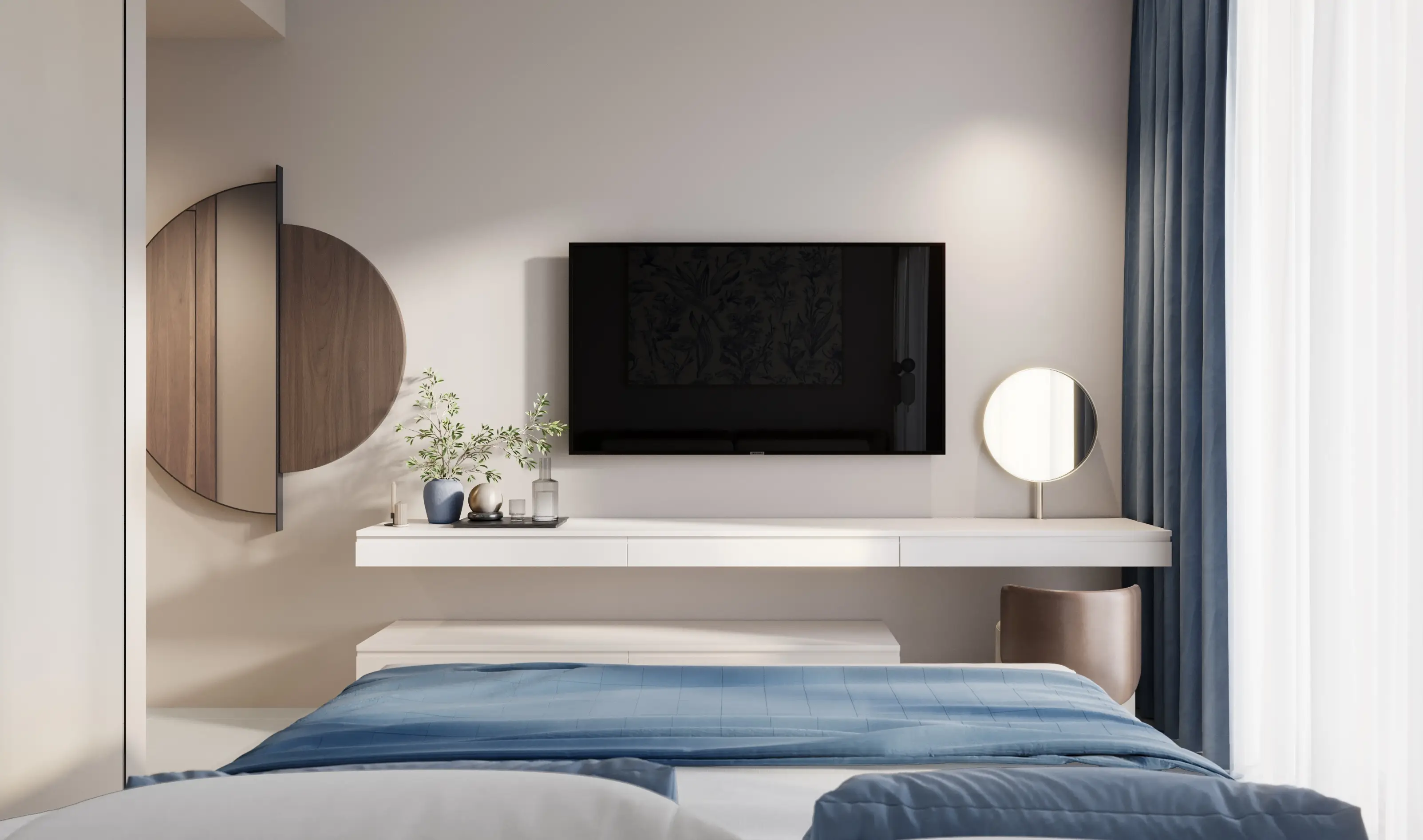 Bedroom television and cabinetry shown in the OBJECT 1 "Ozone1" project catalogue, Jumeirah Village Circle (JVC), Dubai