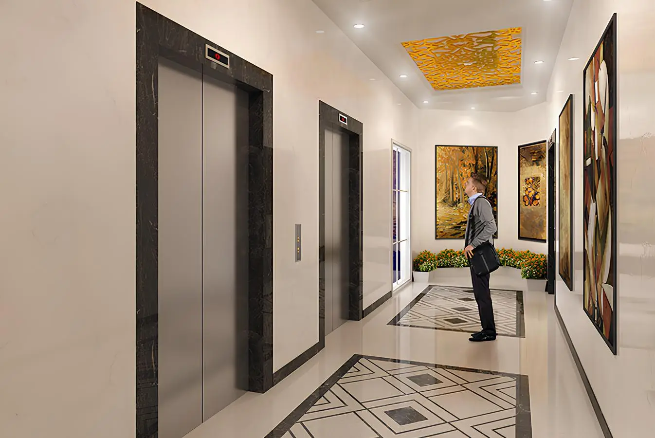 Lift doors beside a corridor in the Resortz by Danube project render