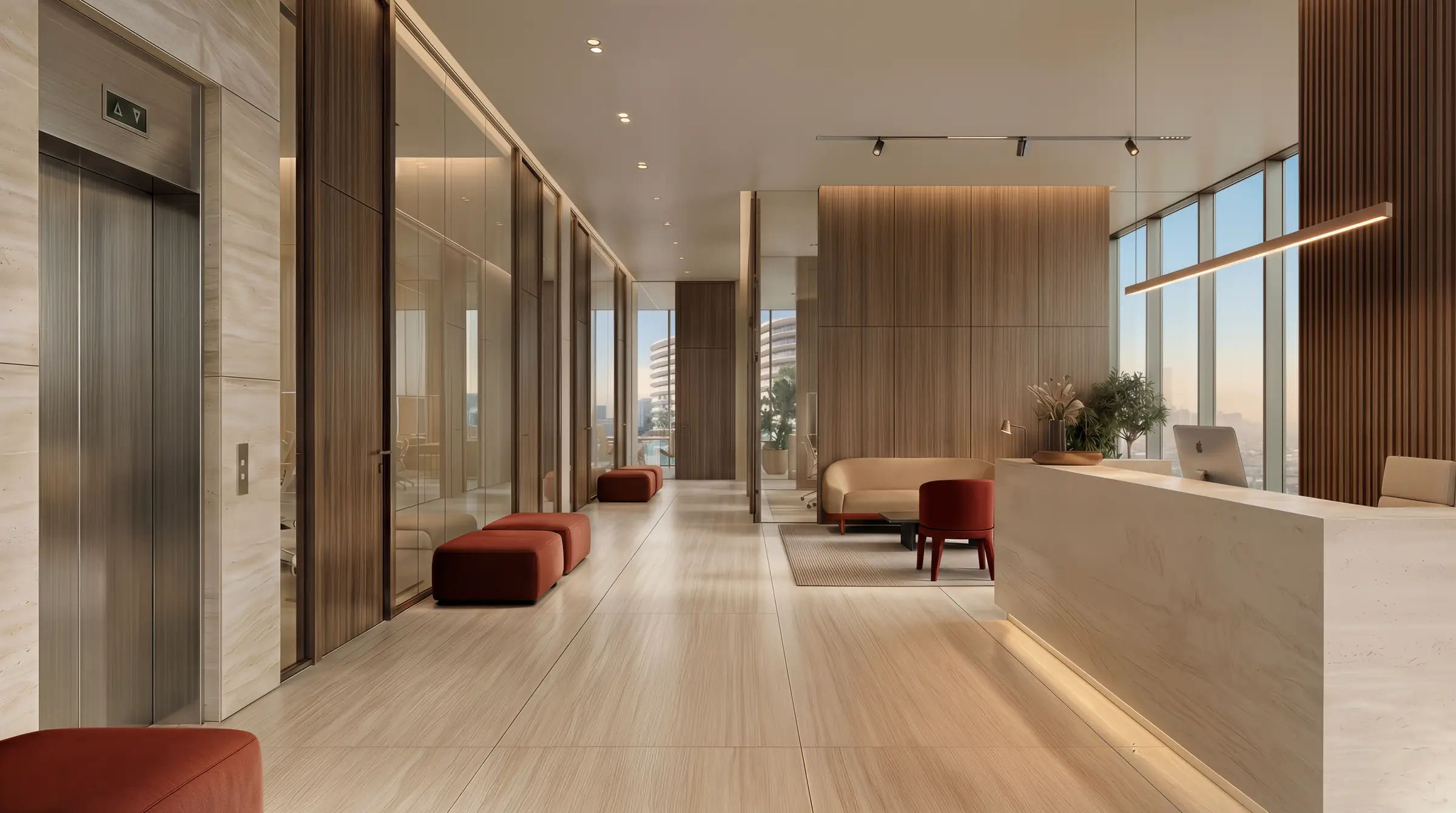 Reception hall with lift doors and seating in the Trussardi Residences project render Reception hall with lift doors and seating in the Trussardi Residences project render