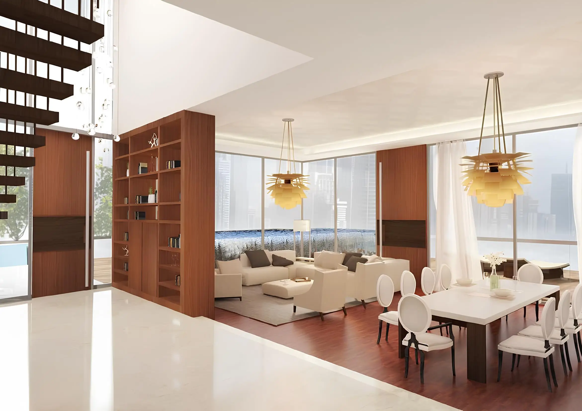 Shared lounge with seating and a kitchen area shown in the SCOPE INVESTMENT "Stella Maris Tower" catalogue, Dubai