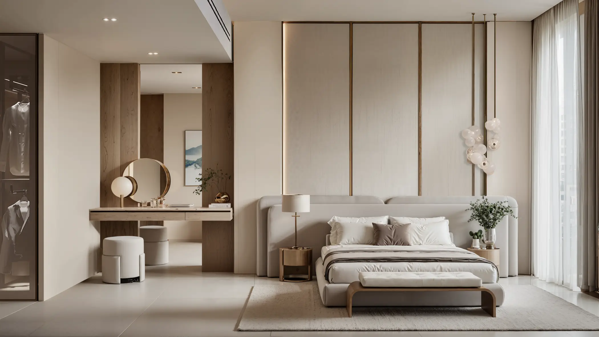Bedroom with a dressing area and glass-fronted wardrobe in the DWTN Residences project render Bedroom with a dressing area and glass-fronted wardrobe in the DWTN Residences project render
