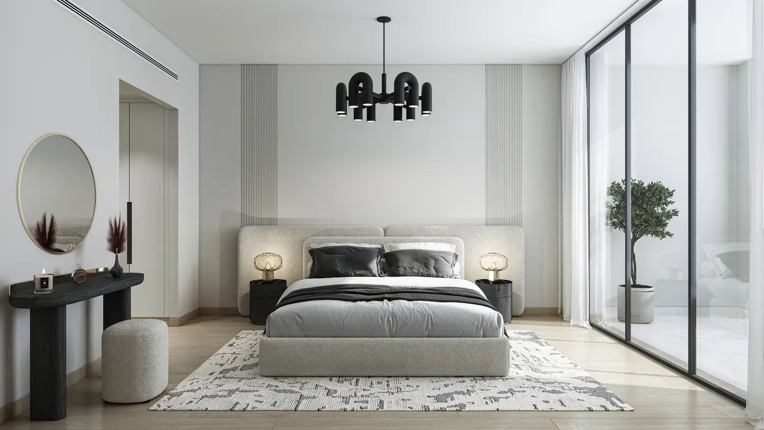 Bedroom beside mirrored wardrobe doors in The Corner project render Bedroom beside mirrored wardrobe doors in The Corner project render