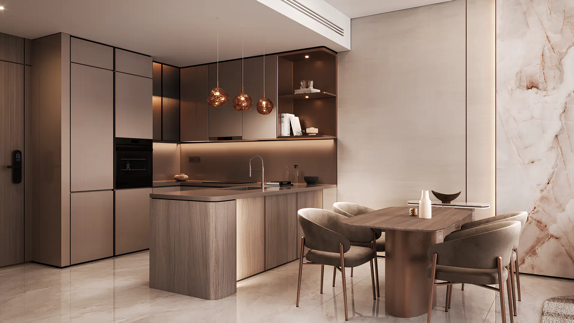 Kitchen with tall cabinets, upper cupboards and a dining table in the Firoza project render Kitchen with tall cabinets, upper cupboards and a dining table in the Firoza project render
