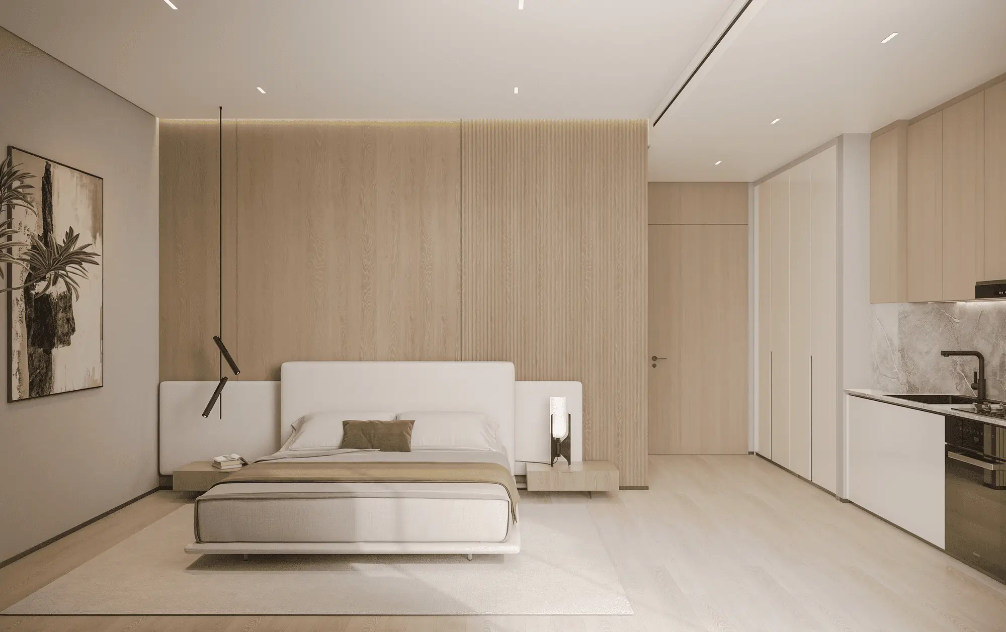 Compact bedroom and adjoining kitchen cabinetry in the Livia Residences project render Compact bedroom and adjoining kitchen cabinetry in the Livia Residences project render