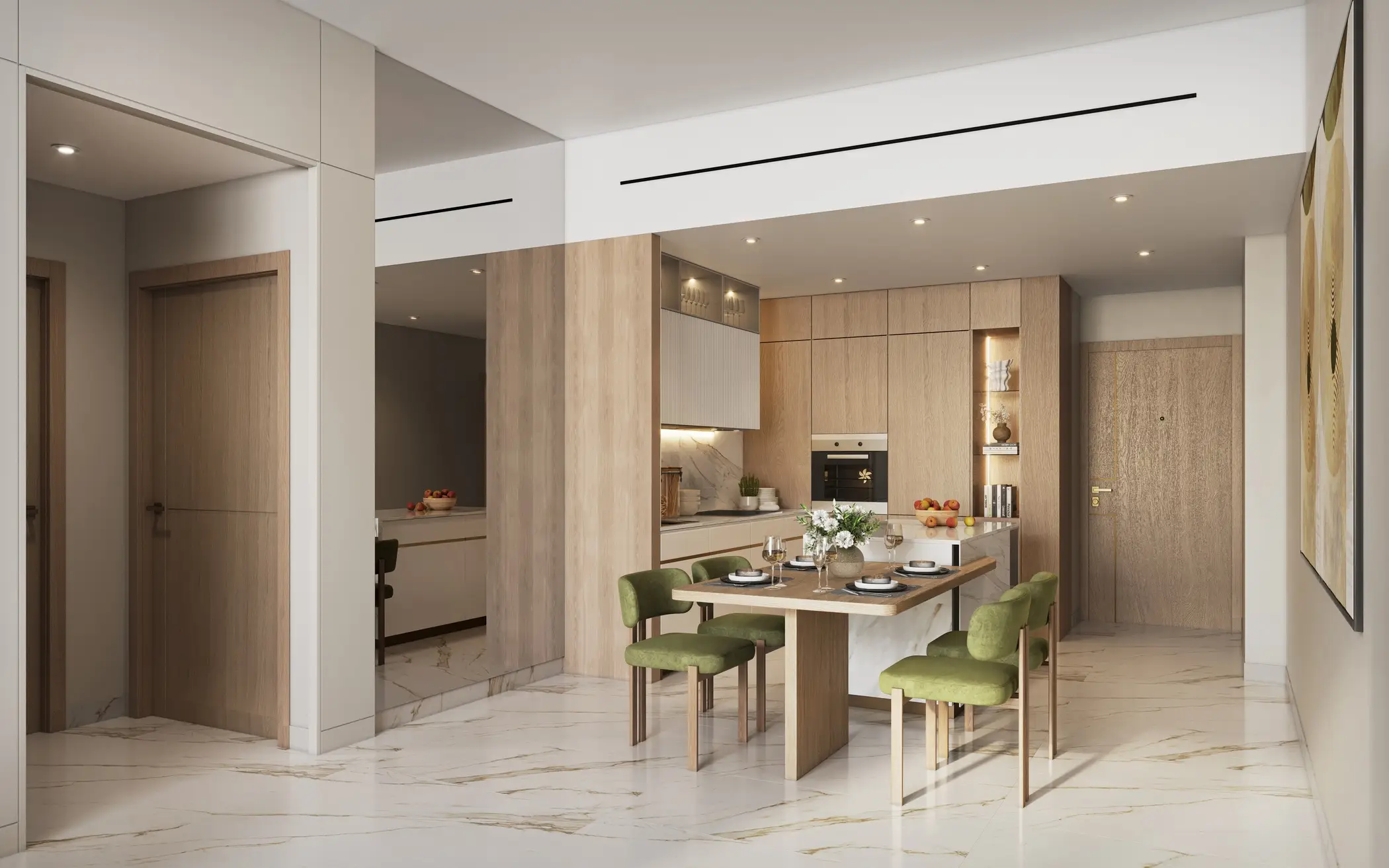 Kitchen and dining space with wall cabinets in the Aark Terraces project render Kitchen and dining space with wall cabinets in the Aark Terraces project render