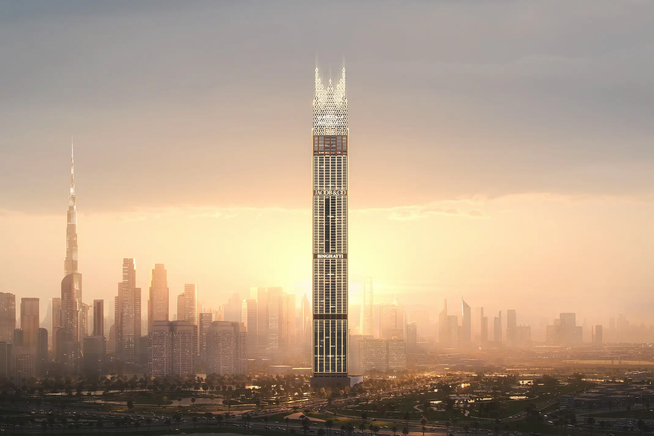 Tall residential tower at sunset shown in the BINGHATTI "Burj Binghatti Jacob & Co Residences" catalogue, Dubai