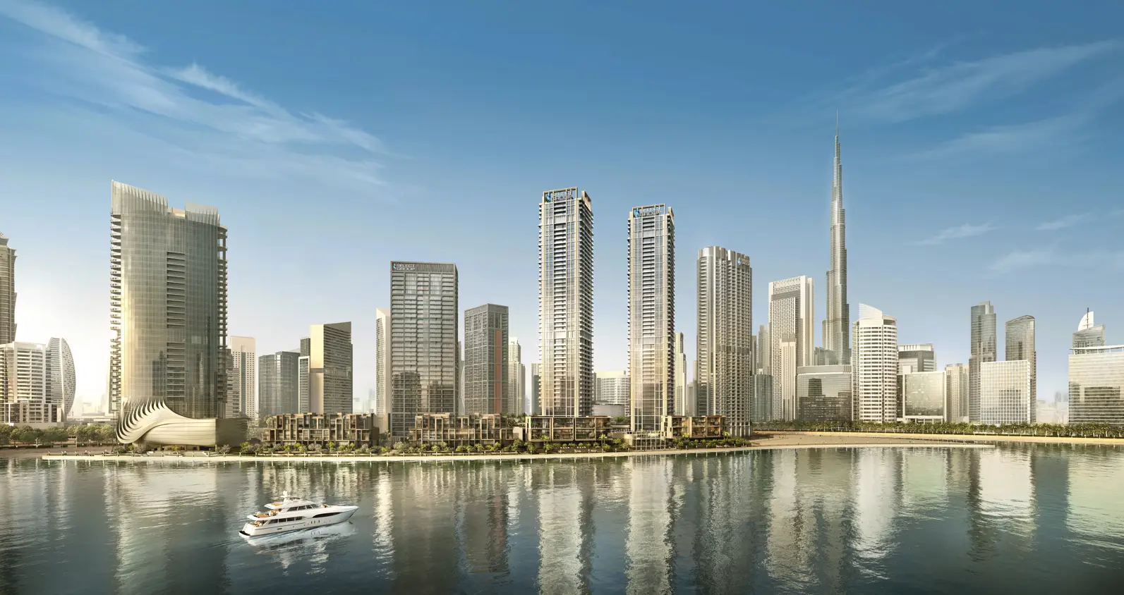 Waterfront residential towers and a city skyline shown in the SELECT GROUP "Peninsula Four, The Plaza" catalogue, Dubai
