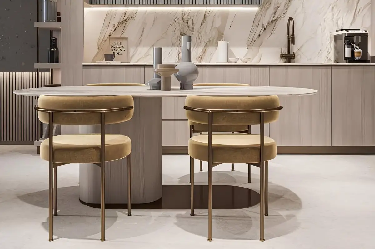 Kitchen breakfast bar shown in the TASMEER INDIGO PROPERTIES "SquareX Residence" project catalogue, Jumeirah Village Circle (JVC), Dubai