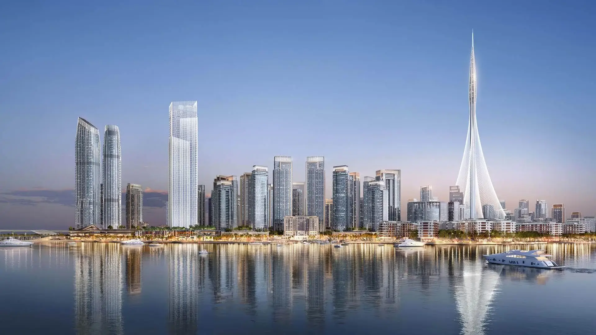 Illustrative creekfront masterplan skyline shown in the CASA BELLA "Island Park 2" catalogue, Dubai Creek Harbour, Dubai