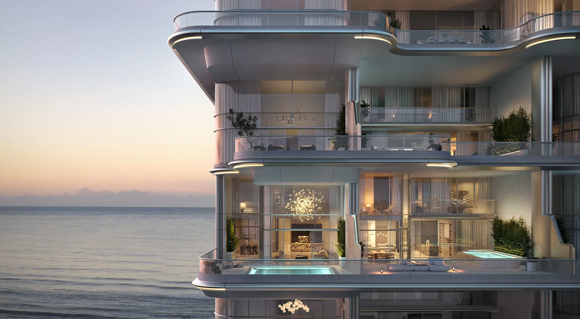 Seafront building with curved balconies shown in the OMNIYAT "Orla Dorchester Collection" catalogue, Dubai