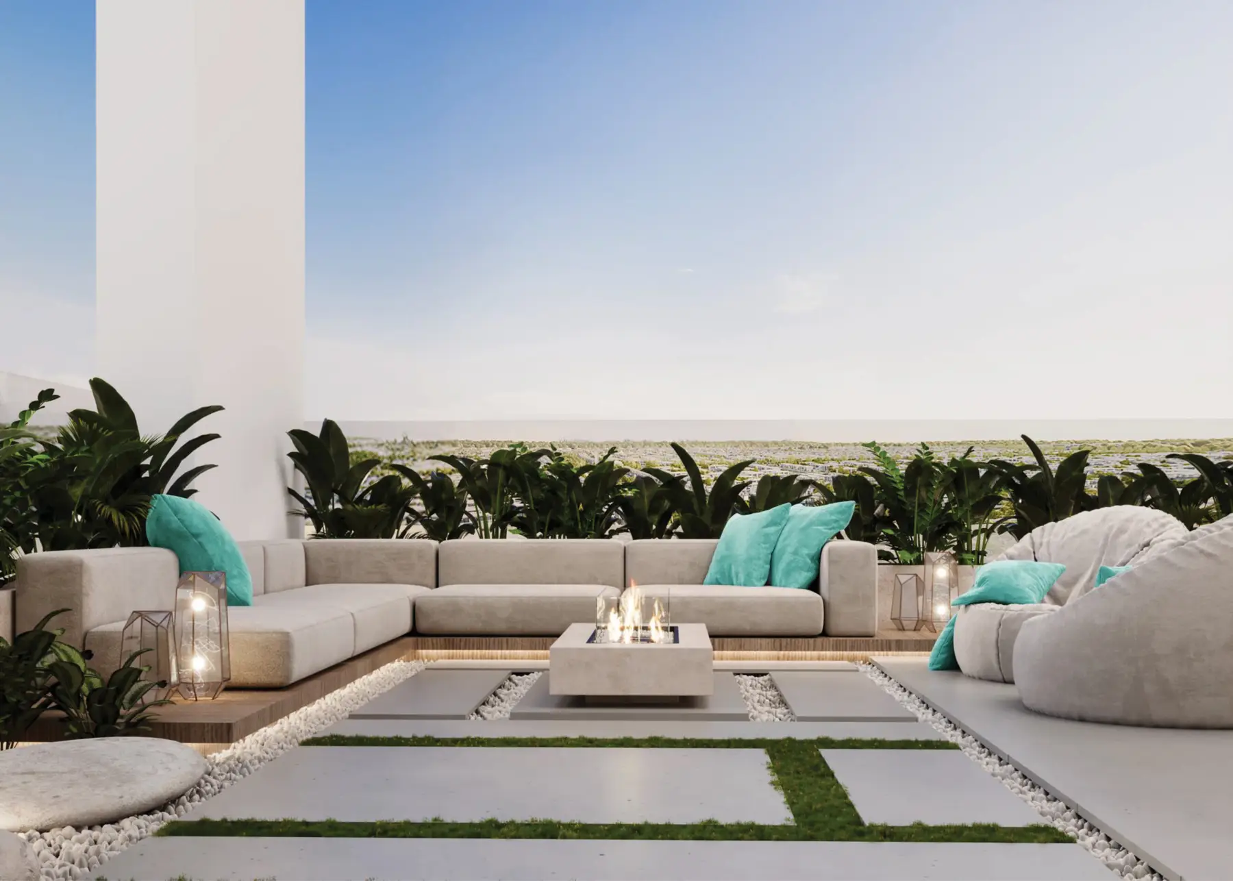 Landscaped rooftop seating area shown in the REEF LUXURY DEVELOPMENTS "REEF 999" project catalogue, Al Furjan, Dubai
