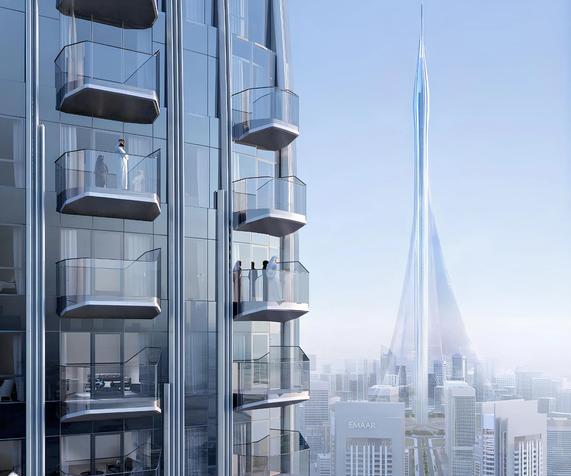 Glass balconies and a city skyline shown in the EMAAR "Address Harbour Point" catalogue, Dubai Glass balconies and a city skyline shown in the EMAAR "Address Harbour Point" catalogue, Dubai