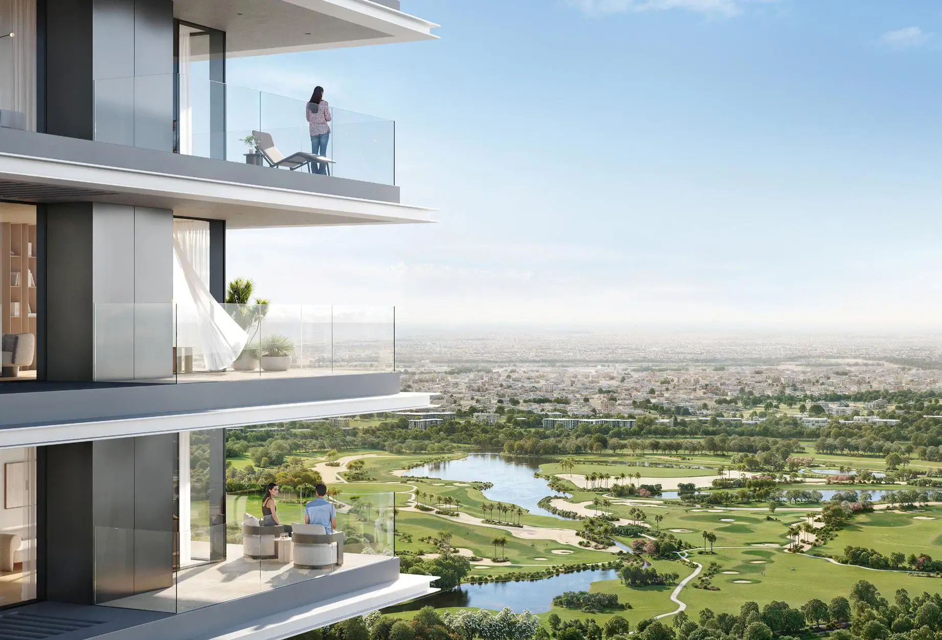 Apartment balconies overlooking a landscaped setting shown in the EMAAR "Altan" catalogue, Dubai