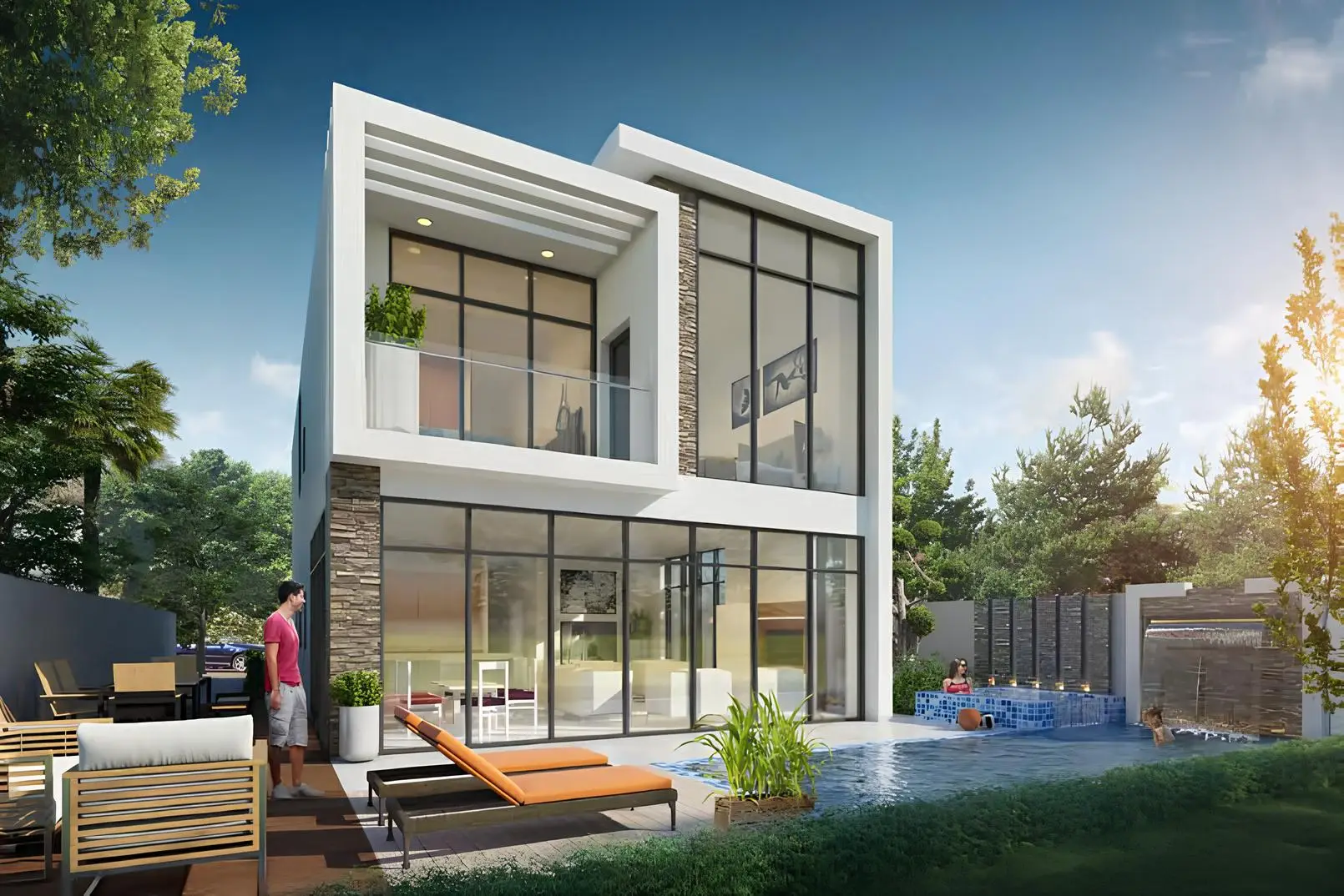 Villa exterior beside a private pool shown in the DAMAC "Autograph Collection" catalogue, Dubai Villa exterior beside a private pool shown in the DAMAC "Autograph Collection" catalogue, Dubai