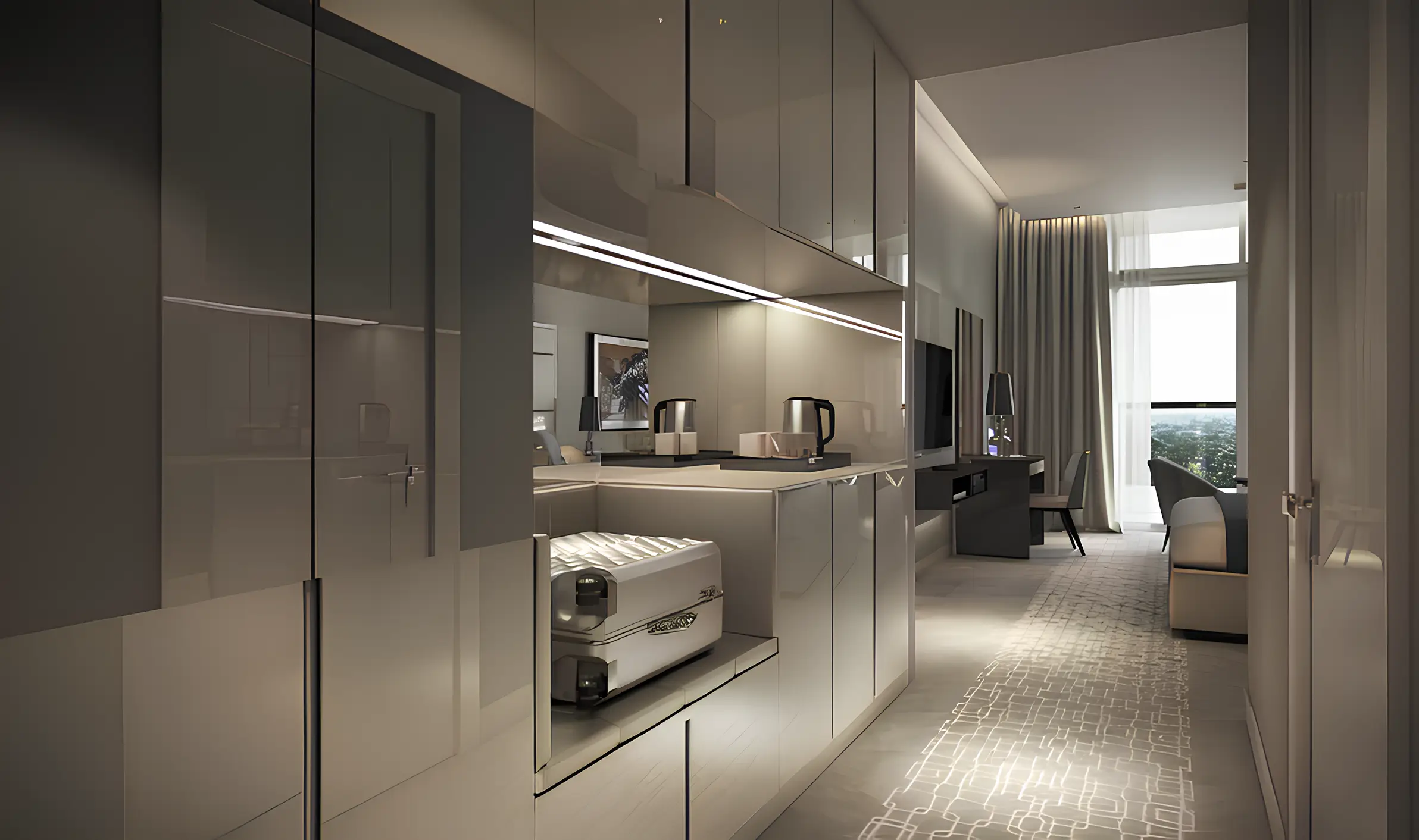 Utility room with cabinets and a washing machine shown in the DAMAC "Artesia" catalogue, Dubai