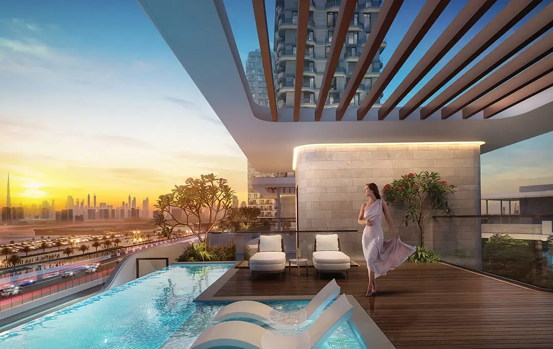 Pool shown in the UNION PROPERTIES "Takaya Kaia, Kalina, Melody" project catalogue, Dubai Motor City, Dubai