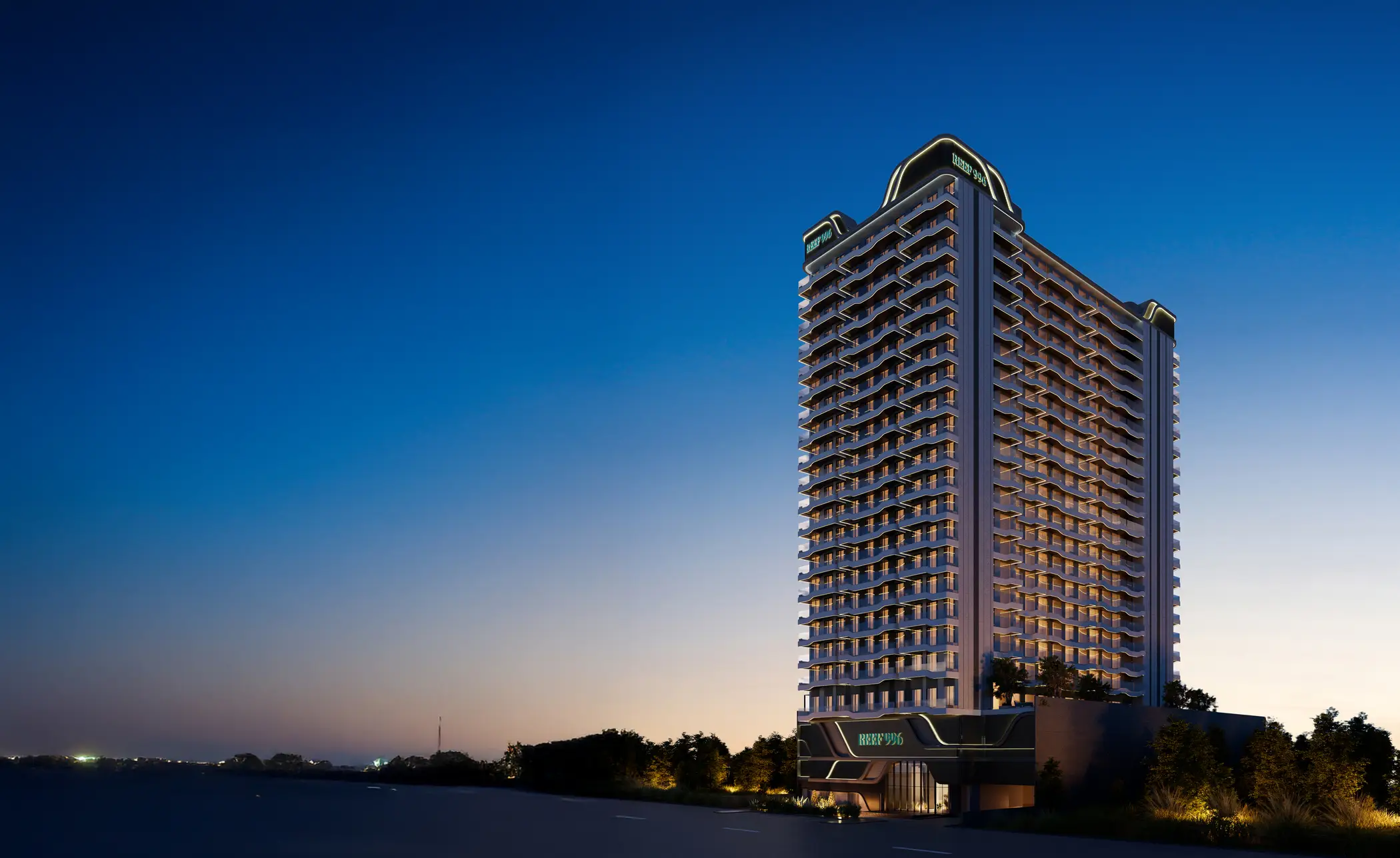Residential tower with illuminated balconies in the REEF 996 project render Residential tower with illuminated balconies in the REEF 996 project render