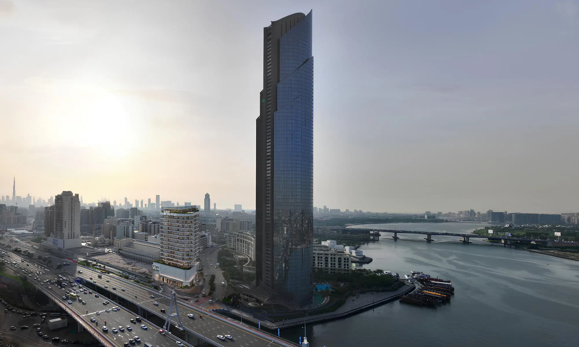 Tower and surrounding roads beside water in the VAL by KASCO project render Tower and surrounding roads beside water in the VAL by KASCO project render