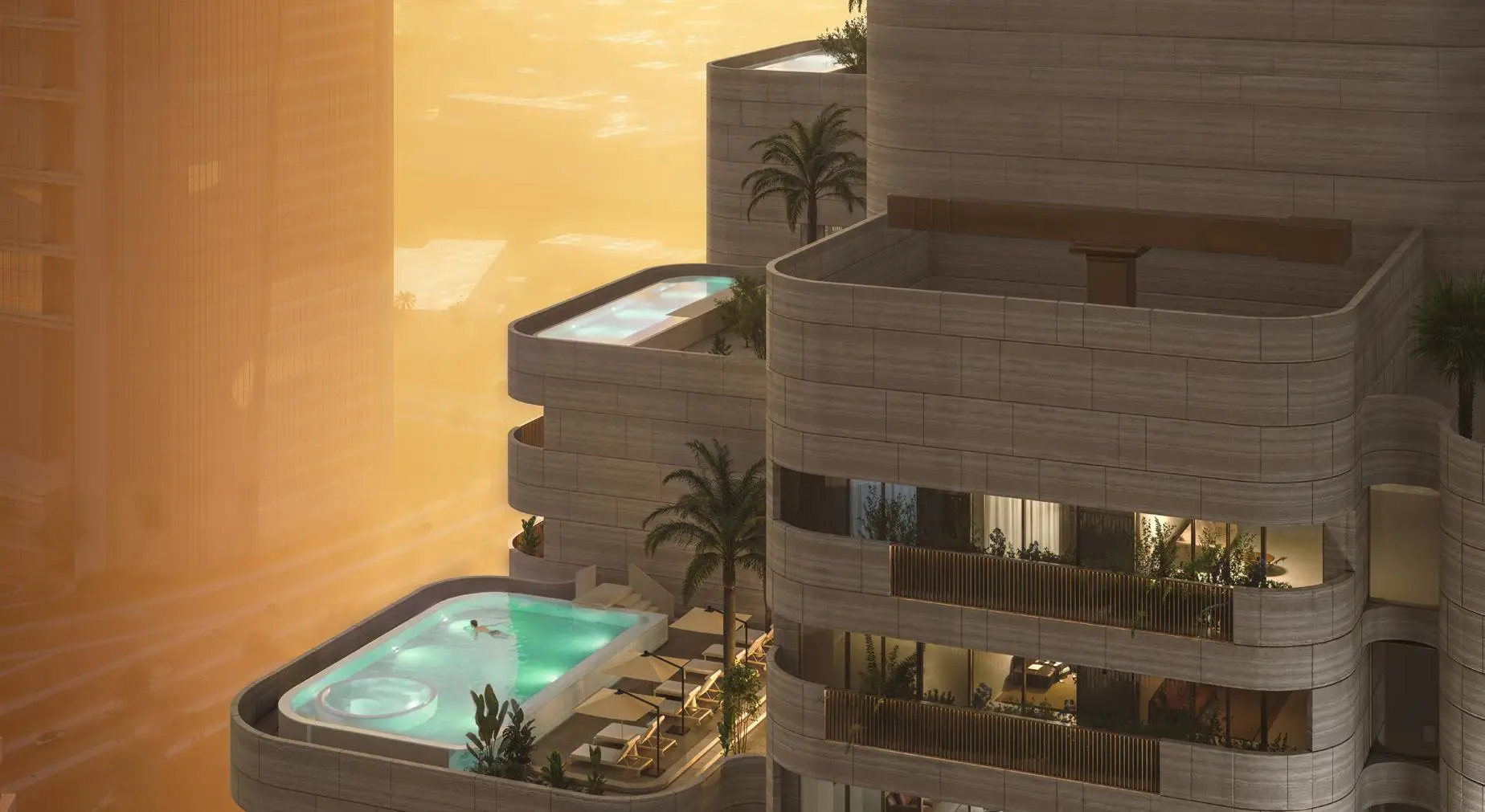 Curved balconies and a shared pool terrace in the Nine Collective project render Curved balconies and a shared pool terrace in the Nine Collective project render