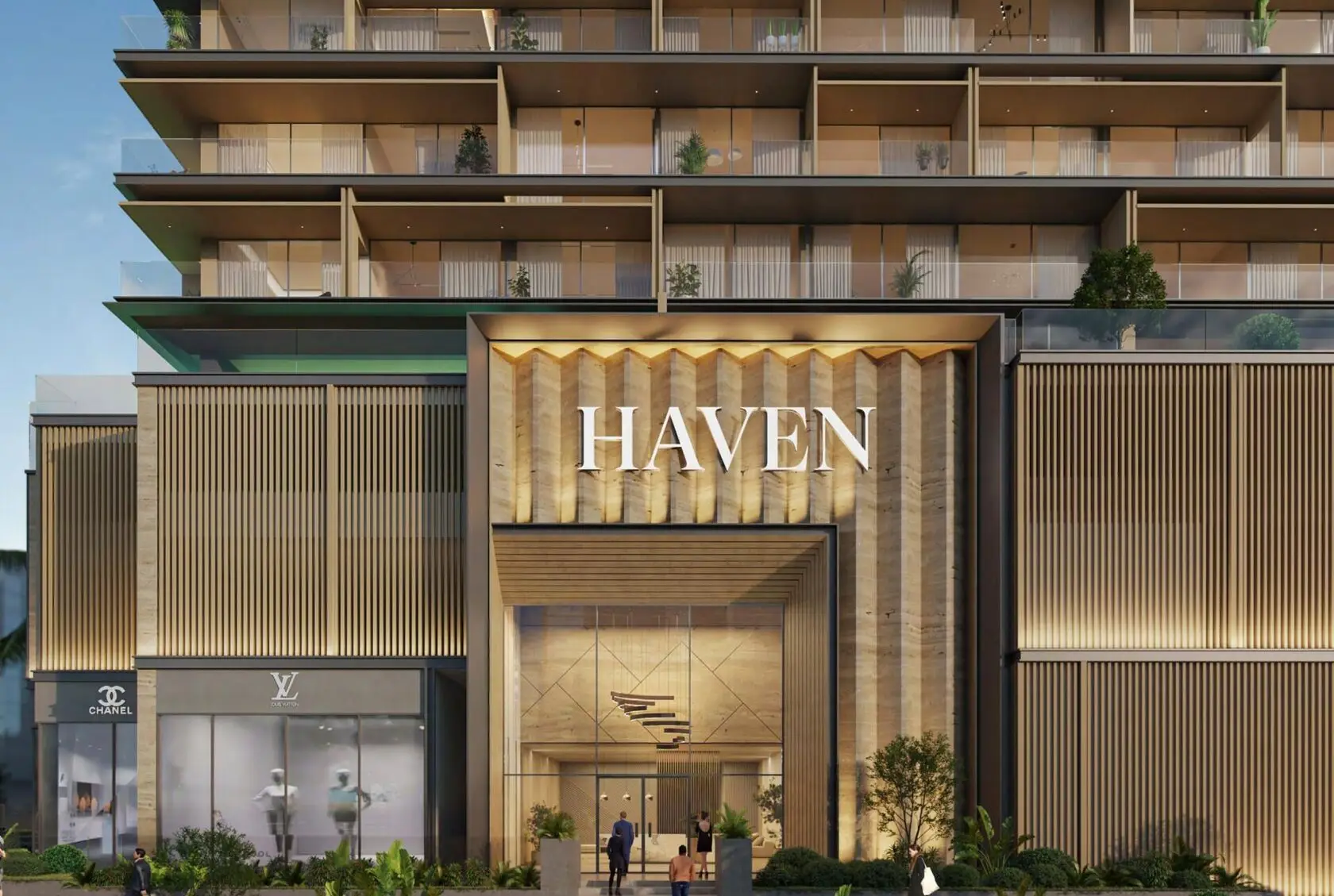 Entrance canopy beneath balconies in the Haven Living project render Entrance canopy beneath balconies in the Haven Living project render