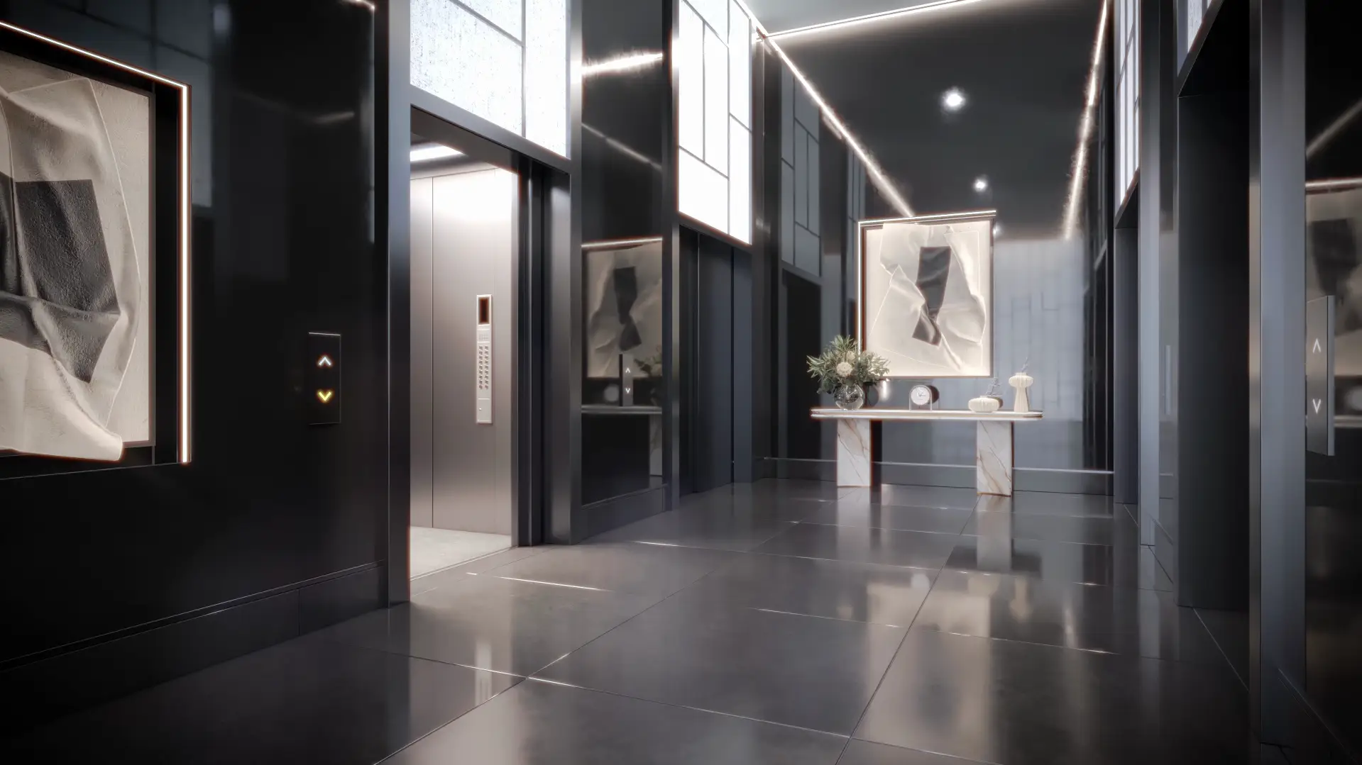 Lobby shown in the PRESTIGE ONE "The Waterway" project catalogue, Bukadra, Dubai