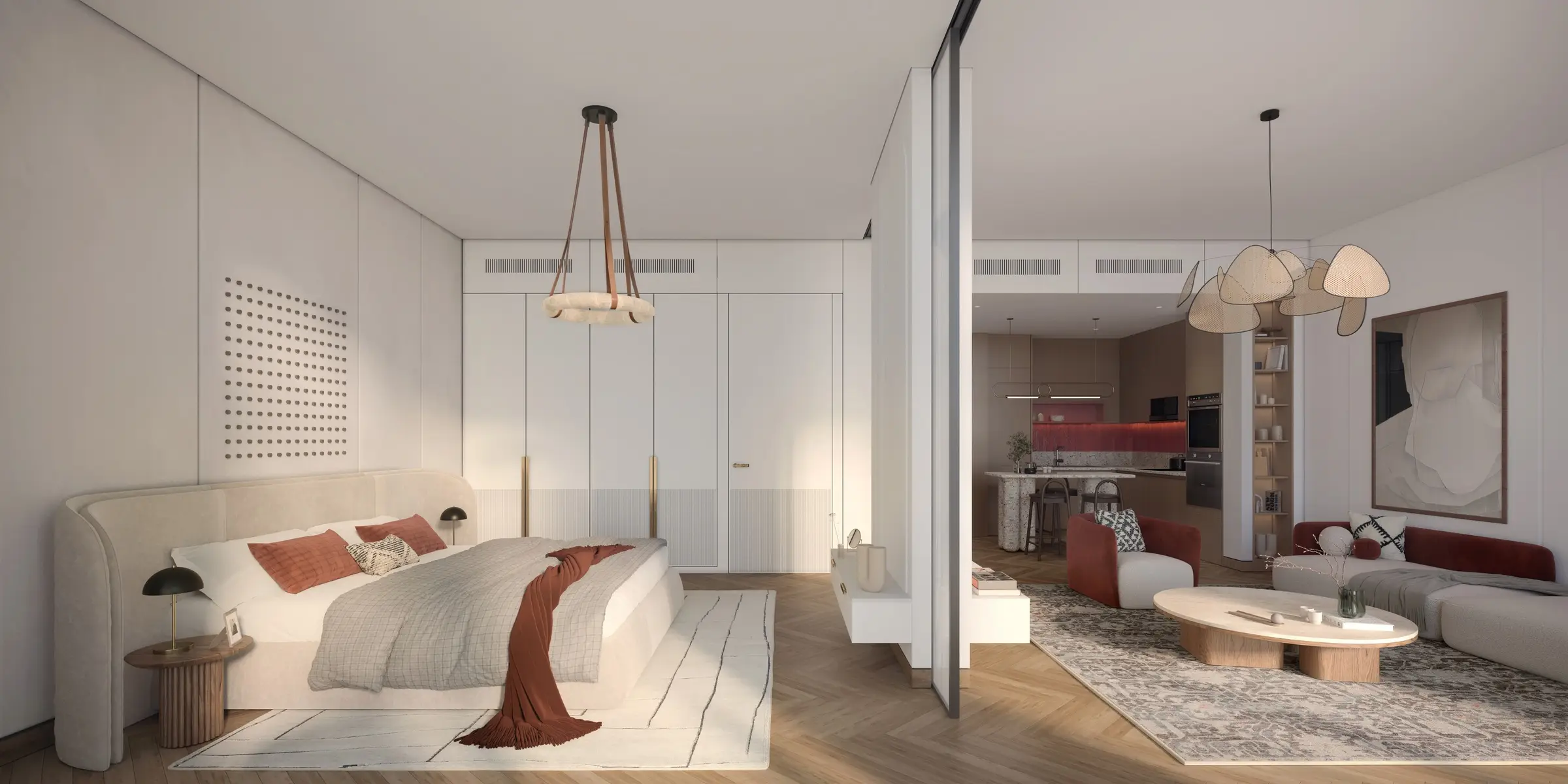 Living and sleeping areas shown in the DEYAAR DEVELOPMENT "EMBER at Parkfive" project catalogue, Dubai Production City, Dubai