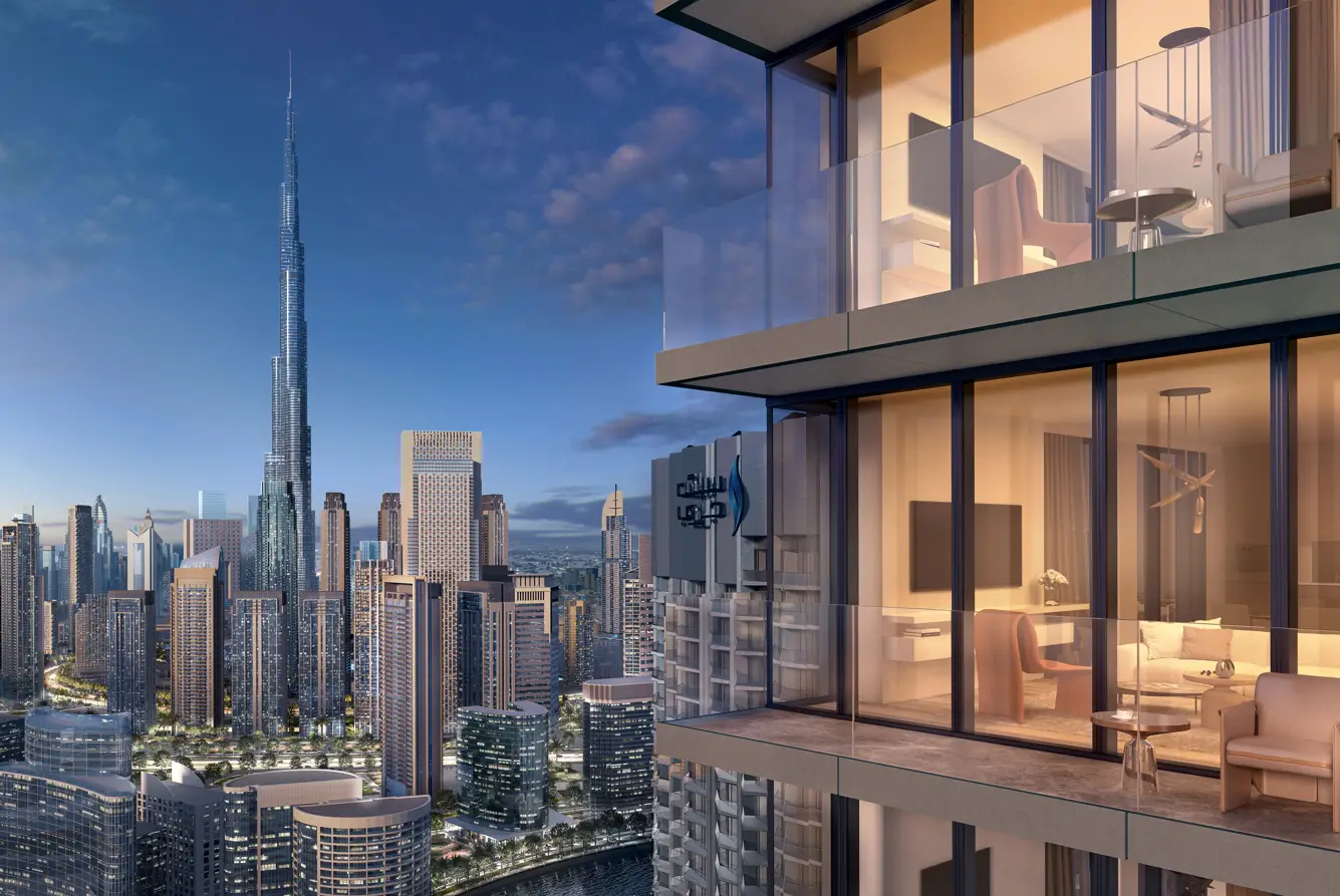 Residential exterior shown in the SELECT GROUP "Peninsula Four, The Plaza" project catalogue, Business Bay, Dubai
