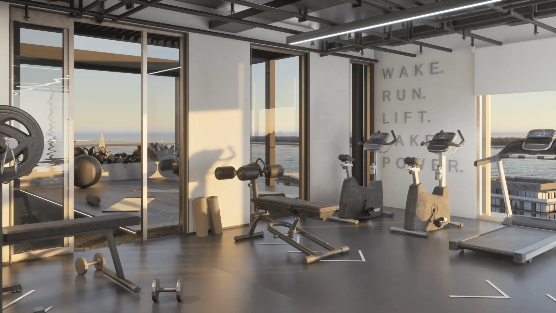 Gym shown in the SEGREX "Sea Legend Tower One" project catalogue, Dubai Islands, Dubai