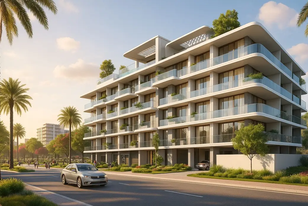 Apartment building exterior shown in the EVERA "Galleria Residences" NEW LAUNCH catalogue, Dubai South, Dubai Apartment building exterior shown in the EVERA "Galleria Residences" NEW LAUNCH catalogue, Dubai South, Dubai