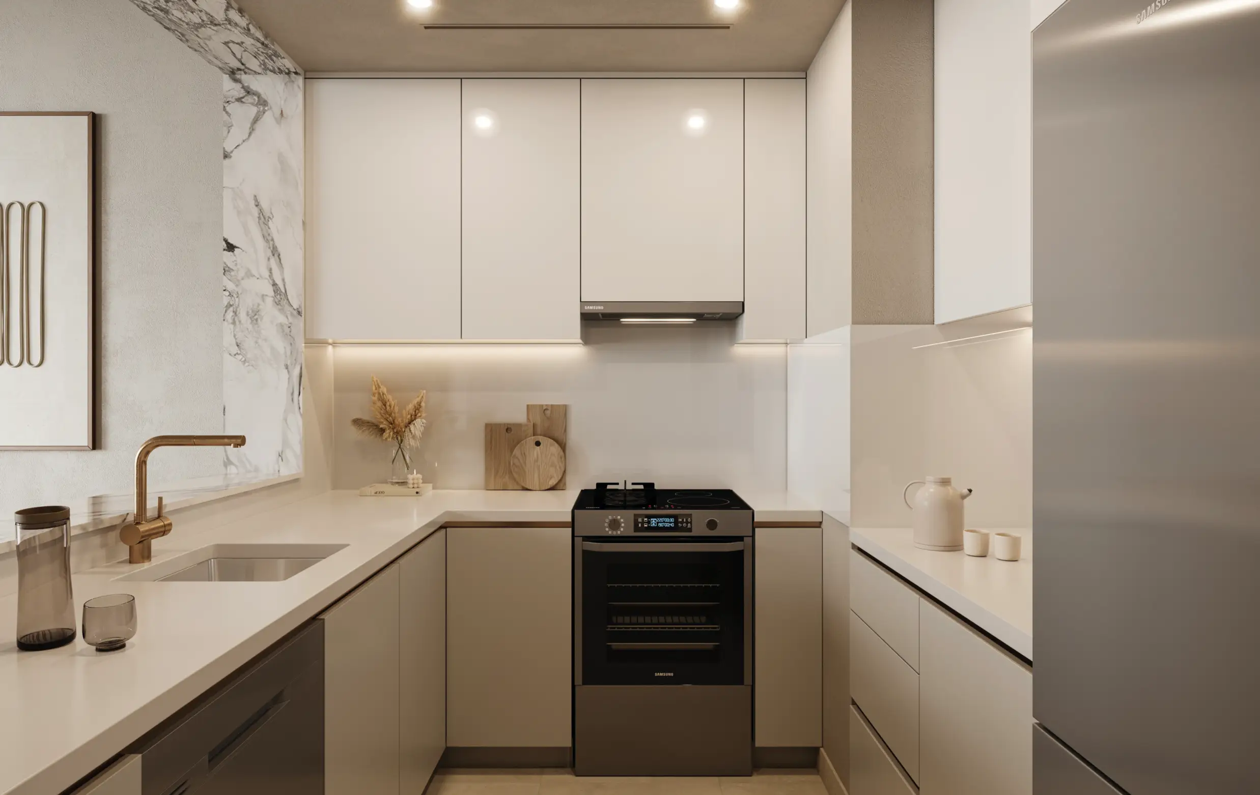 Kitchen interior shown in the BT PROPERTIES "Cascada 1&2 at Waada" catalogue, Dubai South, Dubai