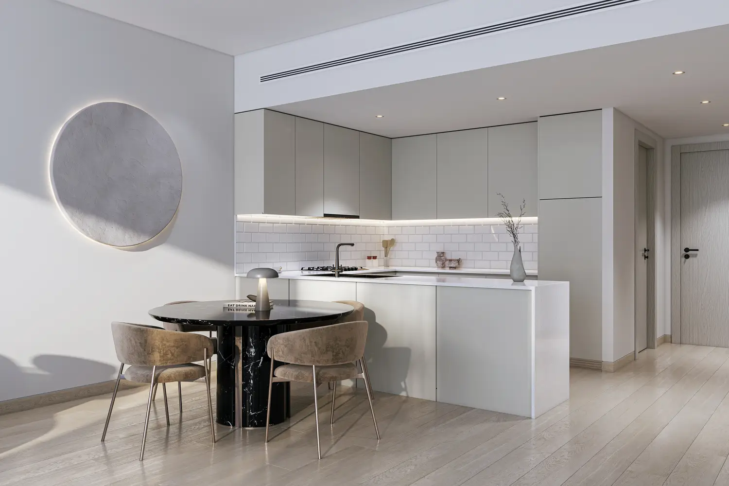 Kitchen shown in the REFINE "The Corner" project catalogue, Dubailand Residence Complex, Dubai