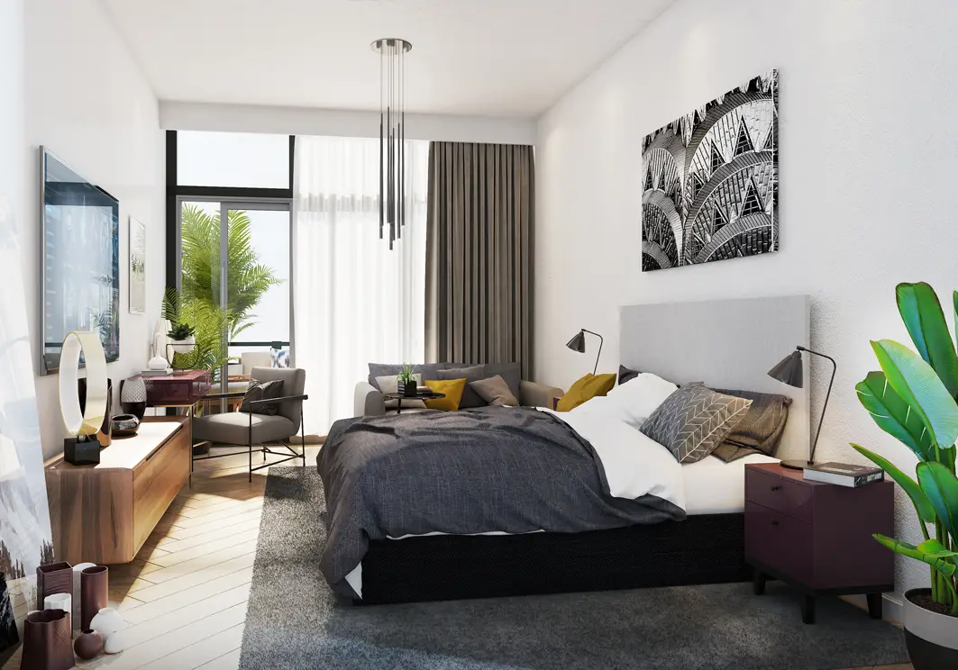 Bedroom shown in the REPORTAGE PROPERTIES "Alexis Tower" project catalogue, Downtown Jebel Ali, Dubai