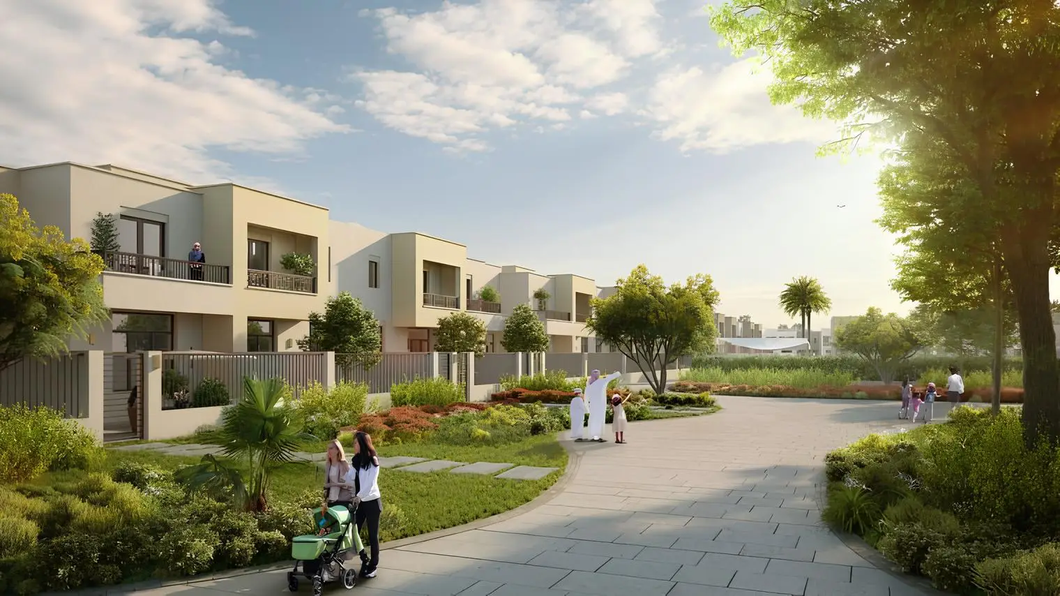 Homes beside a landscaped pedestrian path shown in the NSHAMA "Noor Townhouses" catalogue, Town Square, Dubai Homes beside a landscaped pedestrian path shown in the NSHAMA "Noor Townhouses" catalogue, Town Square, Dubai