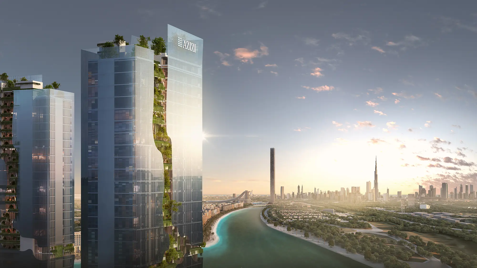 Residential towers beside the water shown in the AZIZI "Riviera Rêve" project catalogue, Azizi Riviera at Meydan One, Dubai
