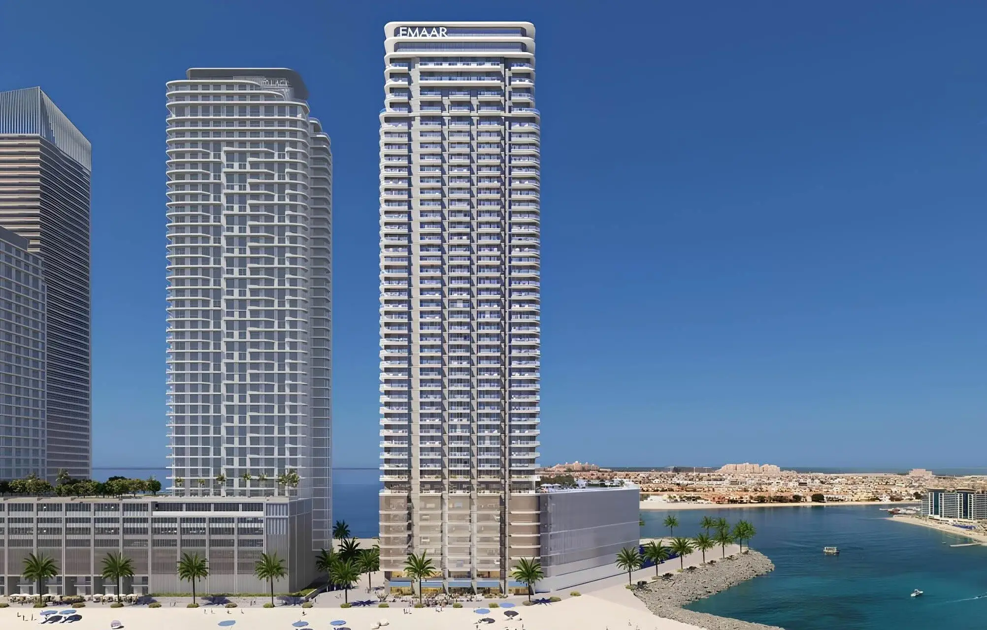 Two beachfront towers beside the water shown in the EMAAR "Beachgate By Address" catalogue, Dubai