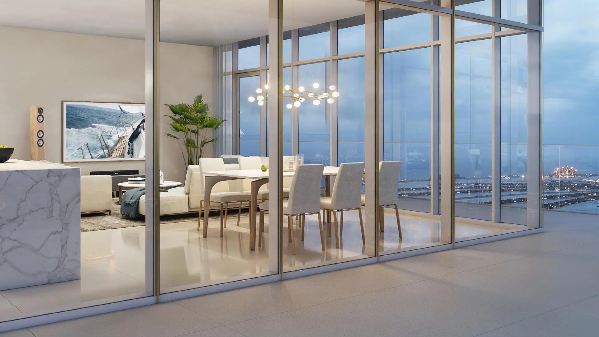 Balcony and dining area connected by glass doors shown in the EMAAR "Beach Vista" catalogue, Dubai