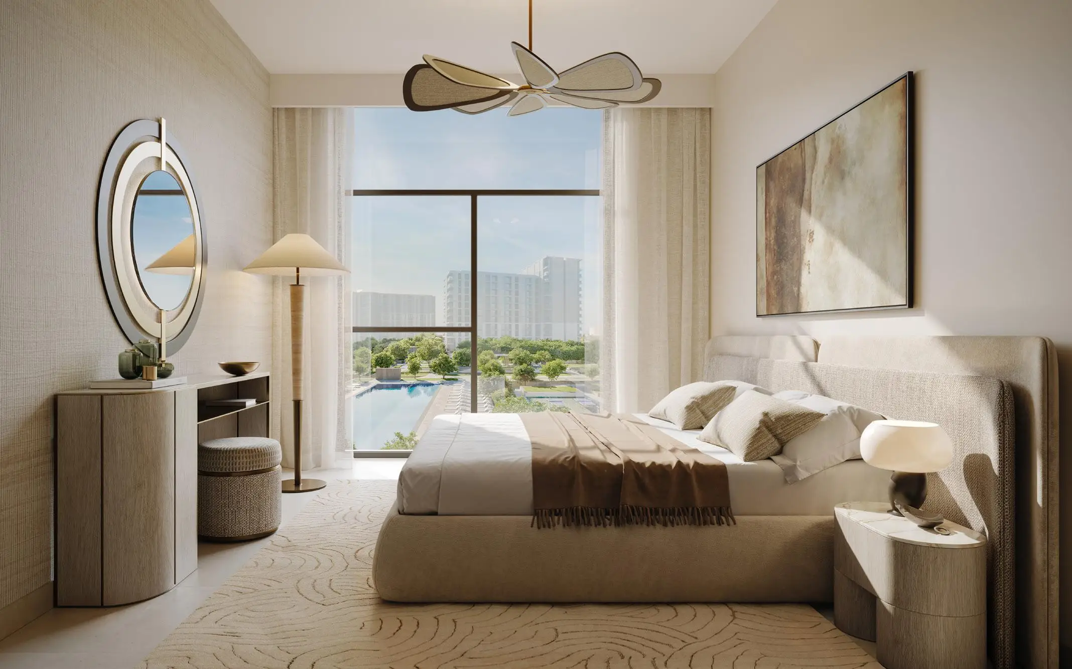 Bedroom overlooking a garden setting shown in the EMAAR "Terra Gardens" catalogue, Dubai