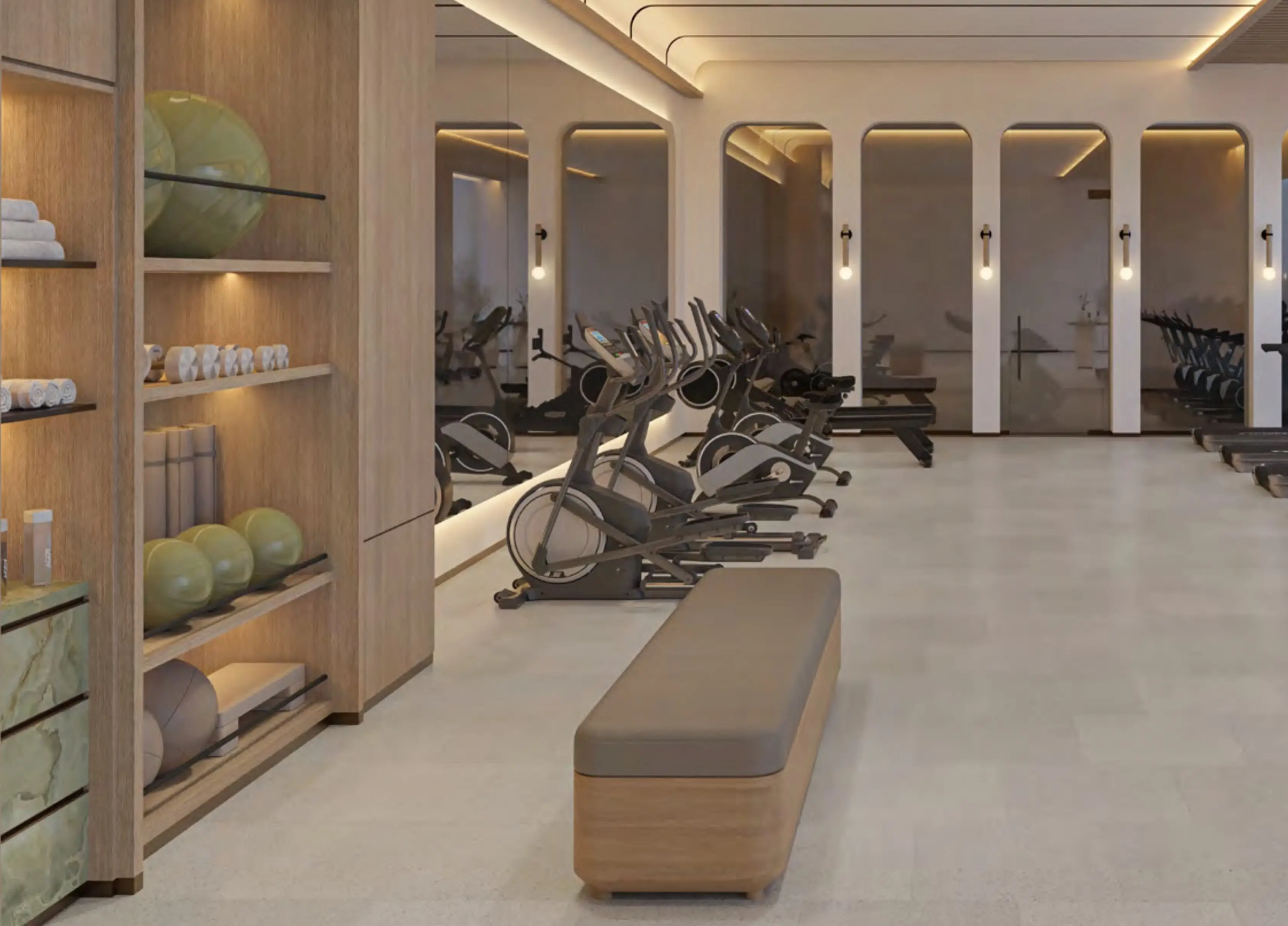 Fitness room with exercise bikes shown in the EXPO CITY "Expo Valley Views - Mahra" catalogue, Dubai