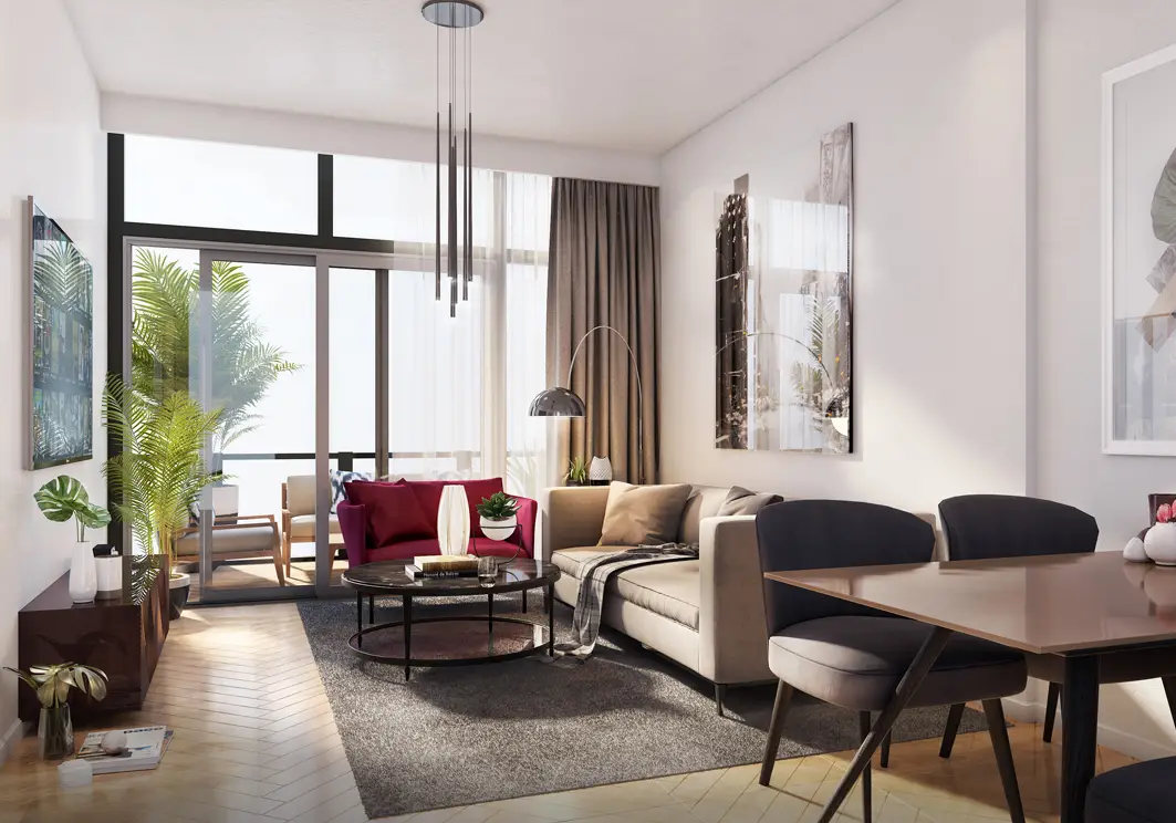 Living shown in the REPORTAGE PROPERTIES "Alexis Tower" project catalogue, Downtown Jebel Ali, Dubai