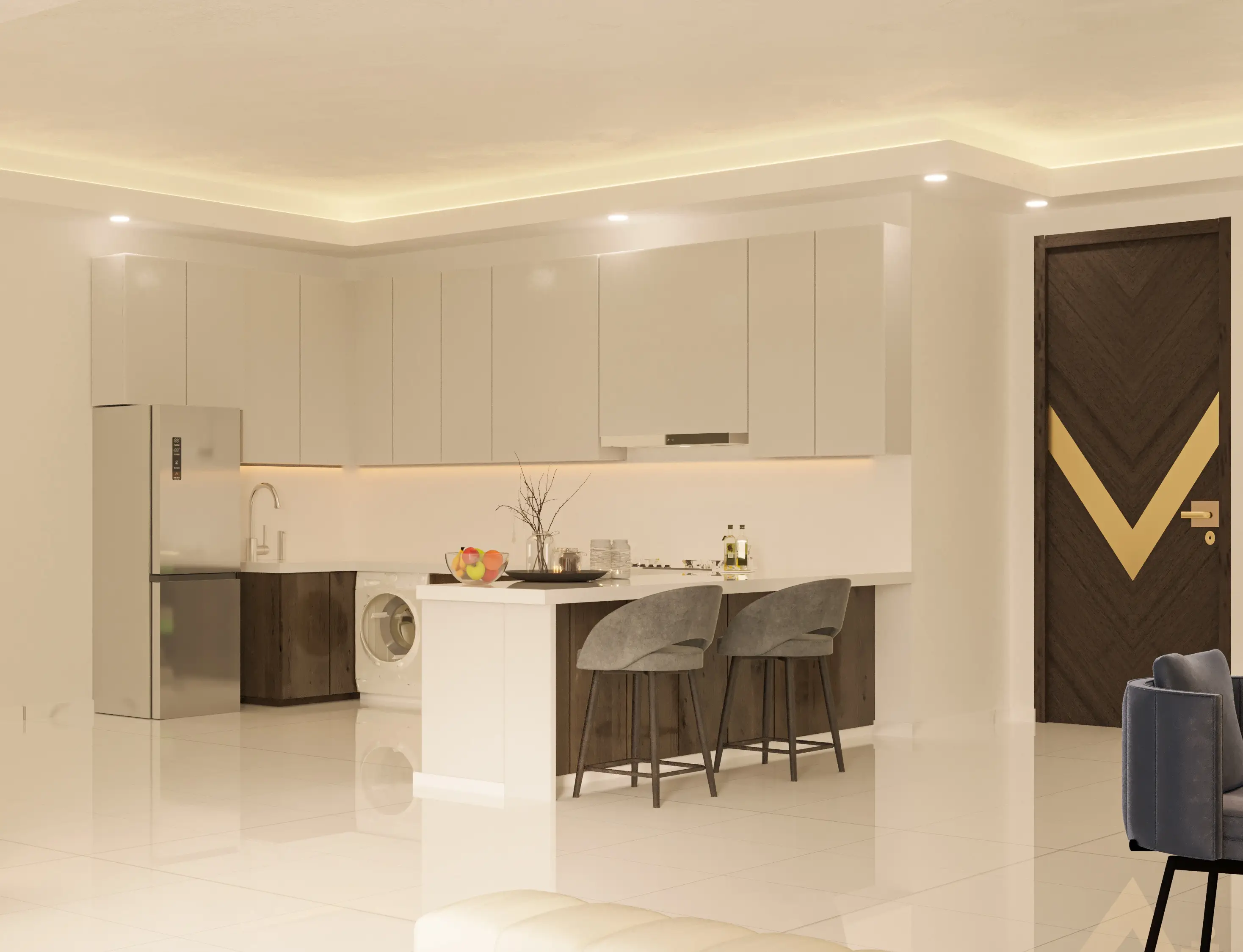 Kitchen and dining area shown in the DANUBE "Viewz by Danube" catalogue, Jumeirah Lakes Towers, Dubai