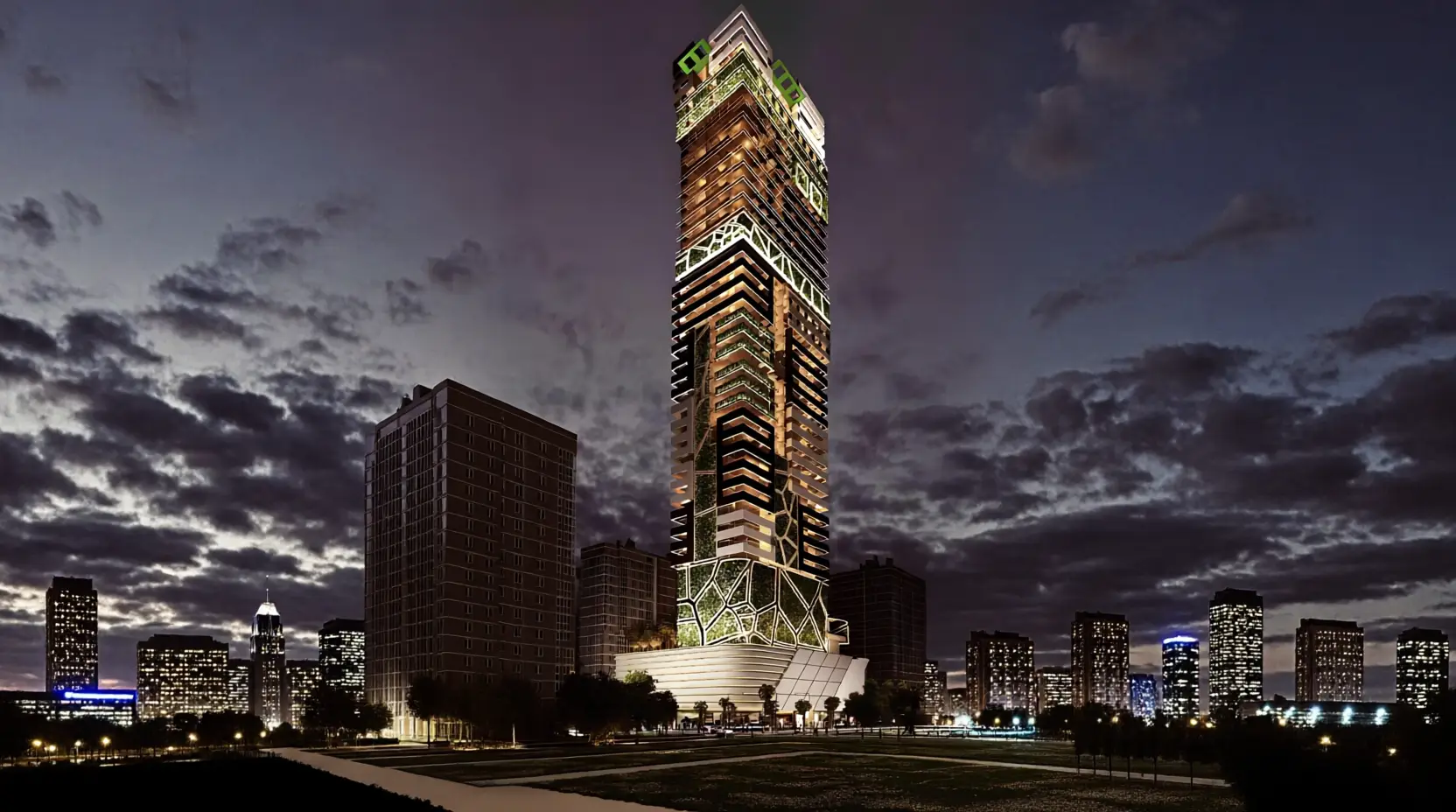 Illustrative residential tower at dusk shown in the URBAN WELLNESS "Tranquil Wellness Residences" catalogue, Jumeirah Village Triangle, Dubai