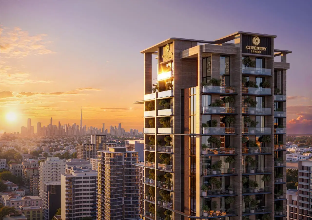 Residential tower exterior shown in the GFS DEVELOPMENTS "Coventry Living" catalogue, Jumeirah Village Circle, Dubai