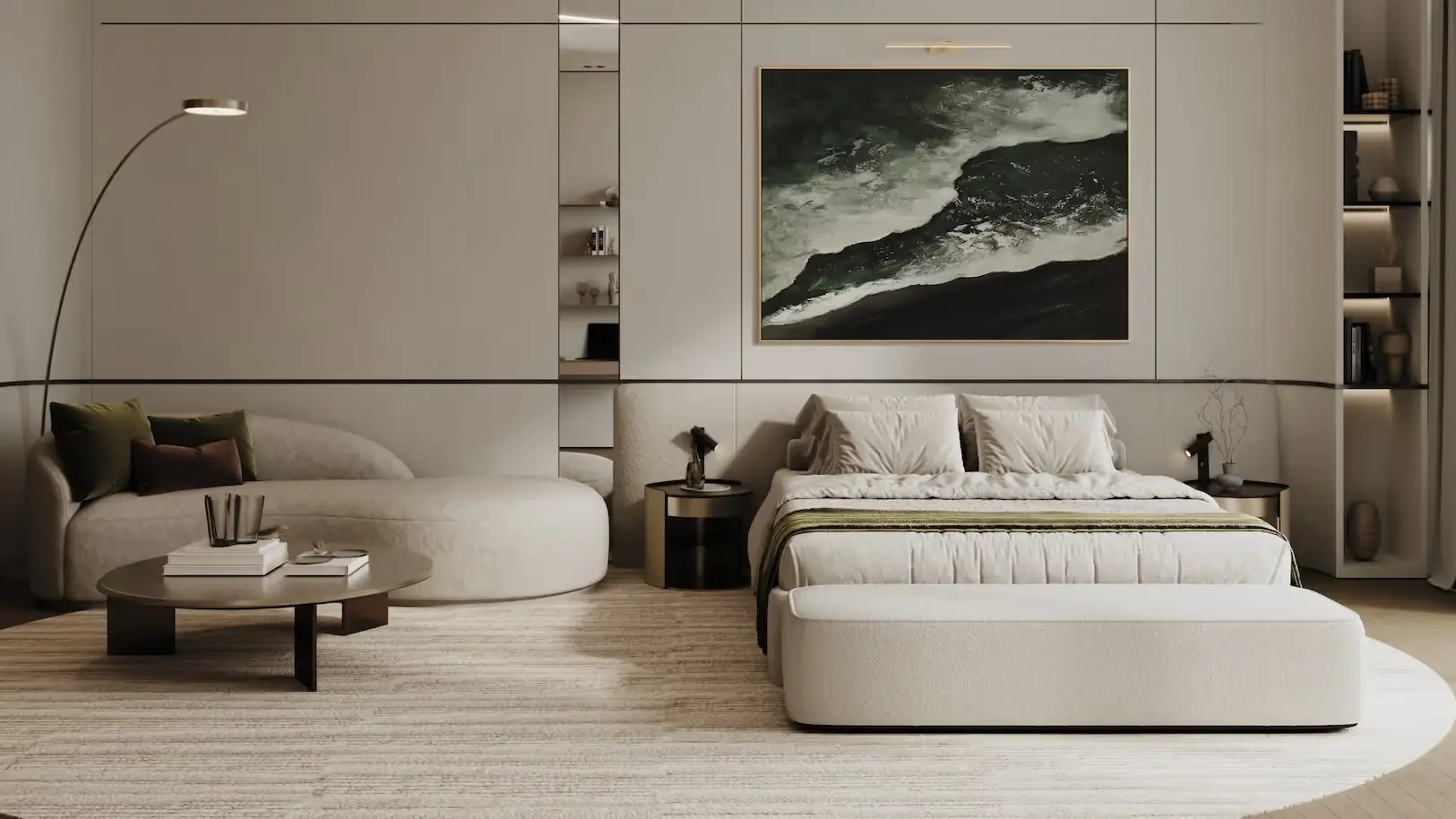 Bedroom shown in the BINGHATTI "Binghatti Circle" catalogue, Jumeirah Village Circle, Dubai